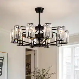 Siljoy - 36-inch Matte Ferris Wheel 10-Light Dimmable Crystal Fandelier Adjustable Height for Dining Room Bedroom - Black
