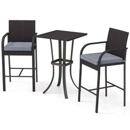 Costway - 3 PCS Patio Wicker Bar Set Rattan Chairs & Square Table with Heavy-Duty Metal Frame - Black,Gray