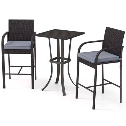 Front. Costway - 3 PCS Patio Wicker Bar Set Rattan Chairs & Square Table with Heavy-Duty Metal Frame - Black,Gray.