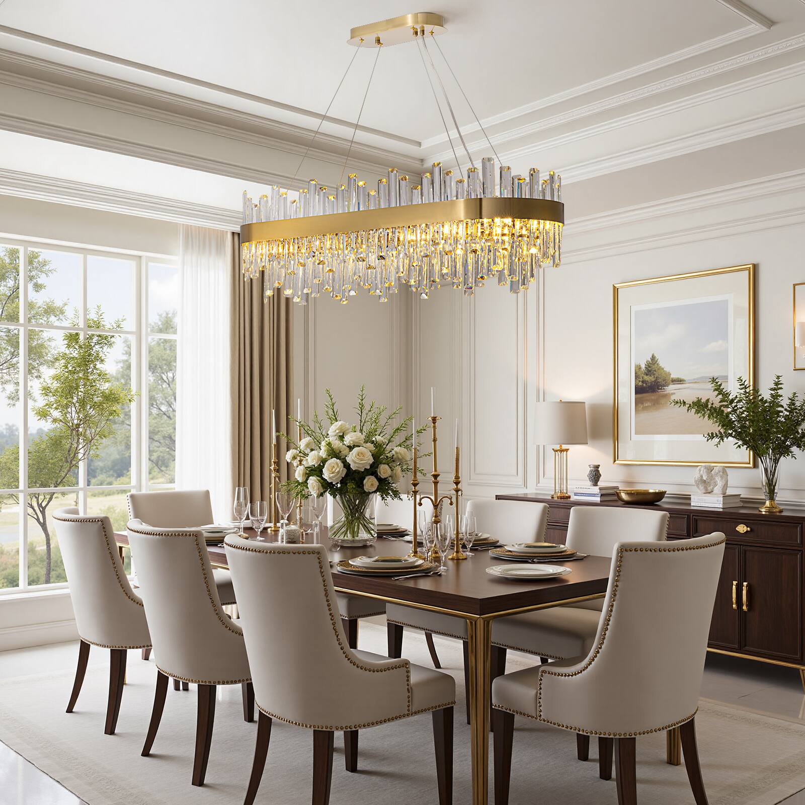 Alt View 6. Siljoy - Luxury Rectangle Crystal Chandelier, 40" Gold Linear Chandelier, 16-Light for Kitchen Island Foyer Living Room - Gold.