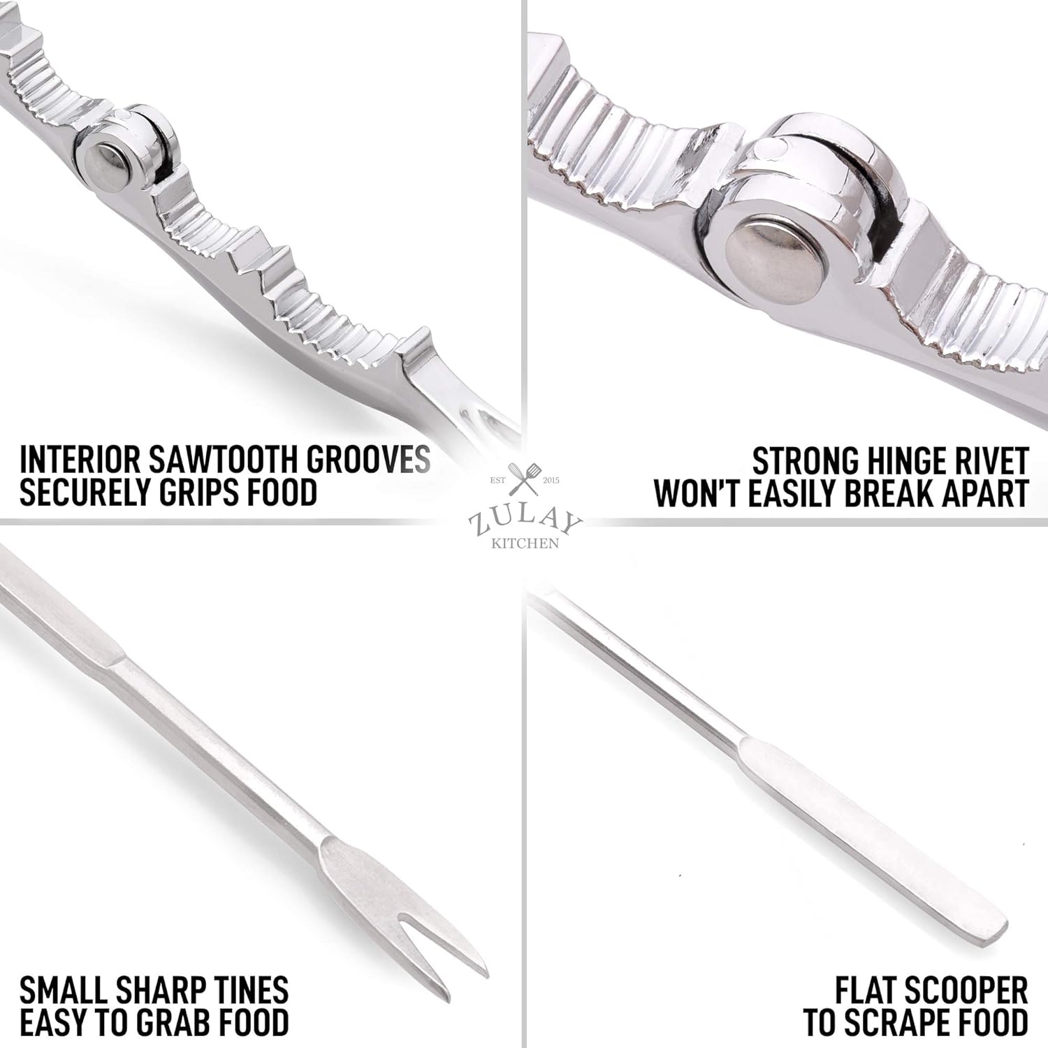 INTERIOR SAWTOOTH GROOVES SECURELY GRIPS FOOD, STRONG HINGE RIVET WON'T EASILY BREAK APART, SMALL SHARP TINES EASY TO GRAB FOOD, FLAT SCOOPER TO SCRAPE FOOD