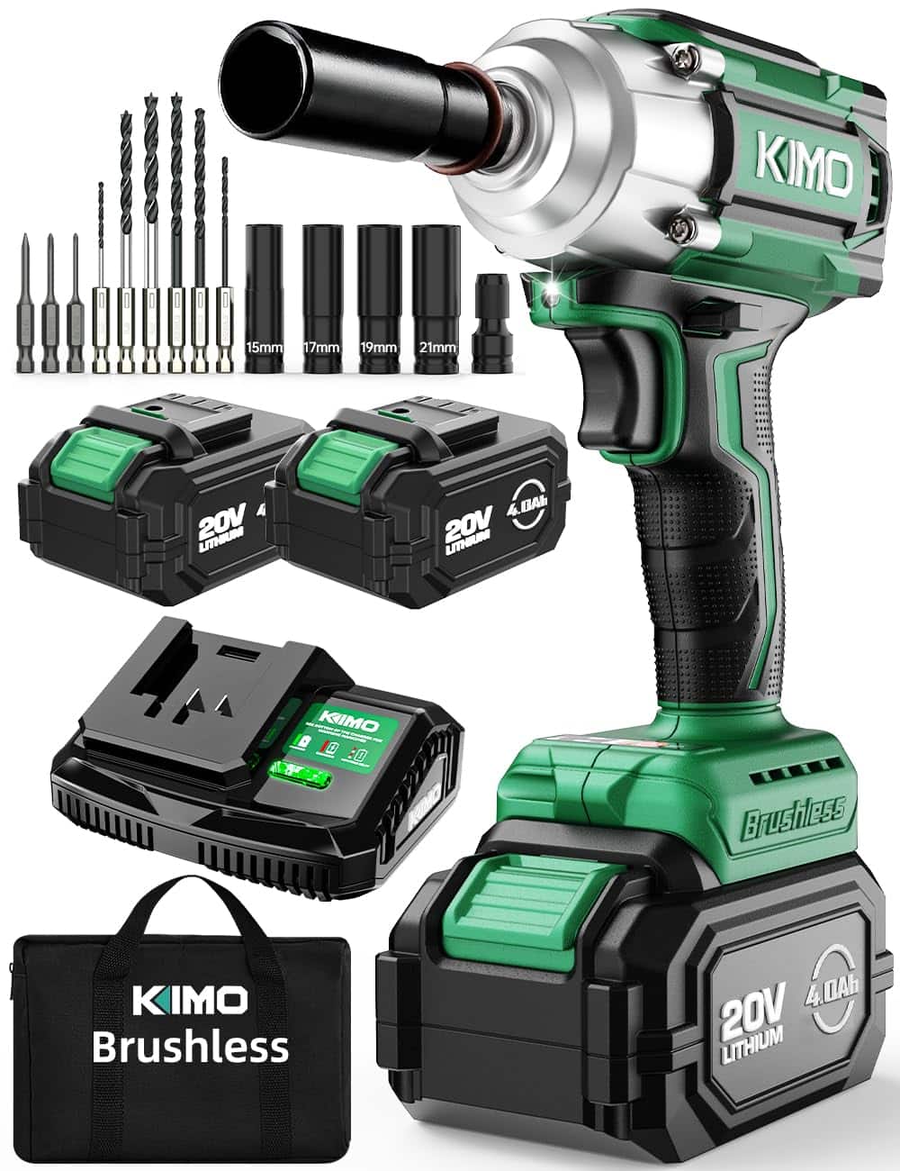 JETRANSPORT - Impact Wrench 1/2 Cordless 3000rpm 9-piece Drill & Driver Set 4 Sockets 406ft-lbs (550n.m) For Car Tires - 1/2” 4000mAH-2 Batteries&Charger