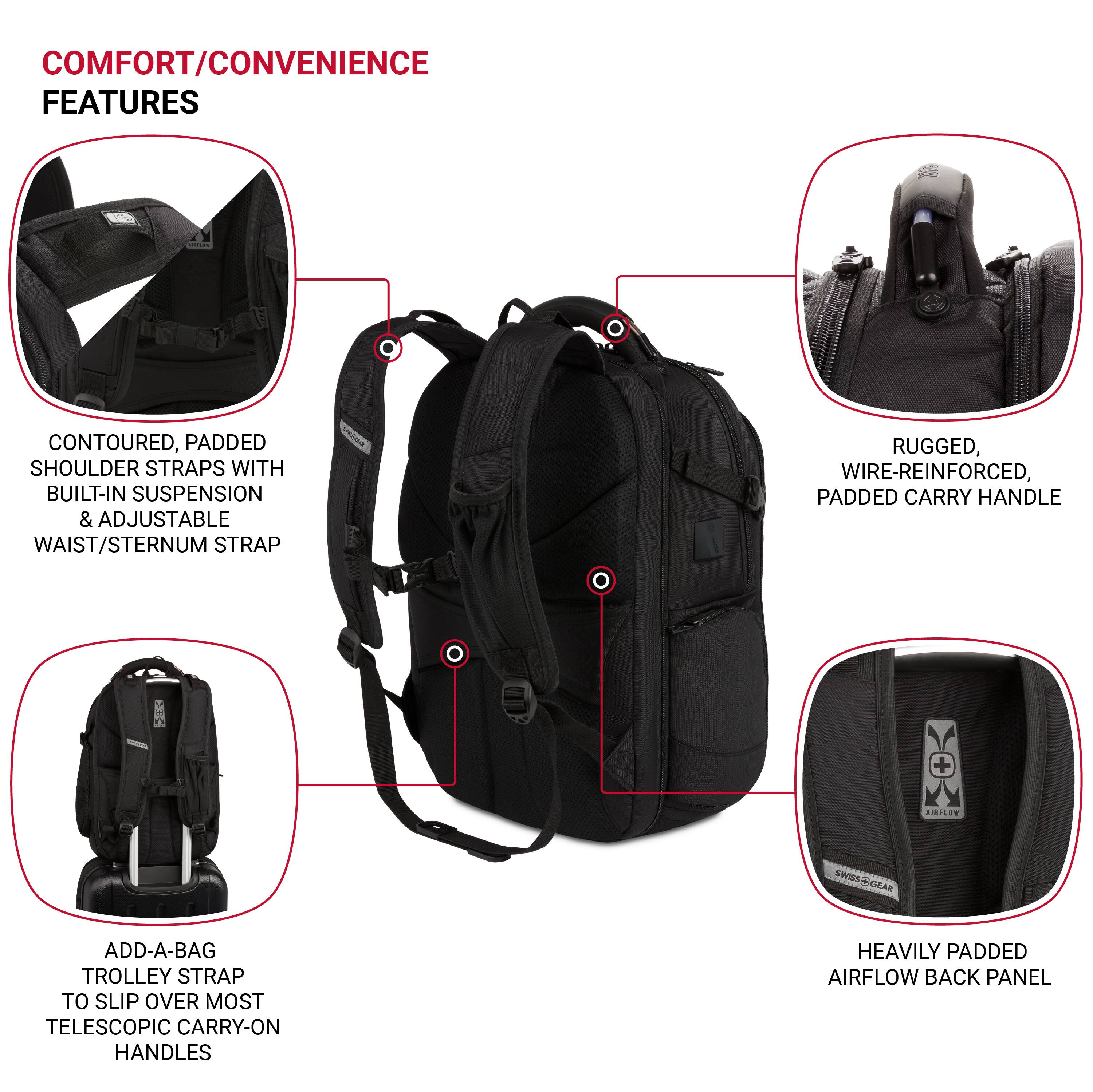 COMFORT/CONVENIENCE FEATURES:
- Contoured, padded shoulder straps with built-in suspension & adjustable waist/sternum strap
- Rugged, wire-reinforced, padded carry handle
- Add-a-bag trolley strap to slip over most telescopic carry-on handles
- Heavily padded airflow back panel
- Add-a-bag trolley strap to slip over most telescopic carry-on handles