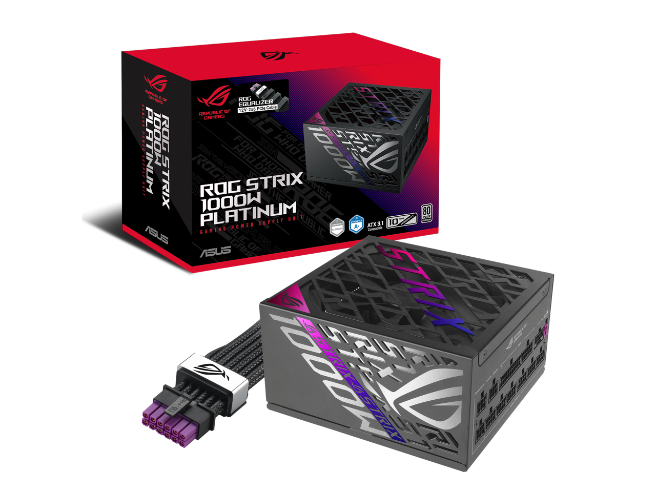ROG STRIX 1000W PLATINUM GAMING POWER SUPPLY  
A0E U.I  
REPUBLIC OF GAMERS  
ATX 3.1  
80 PLUS  
ASUS