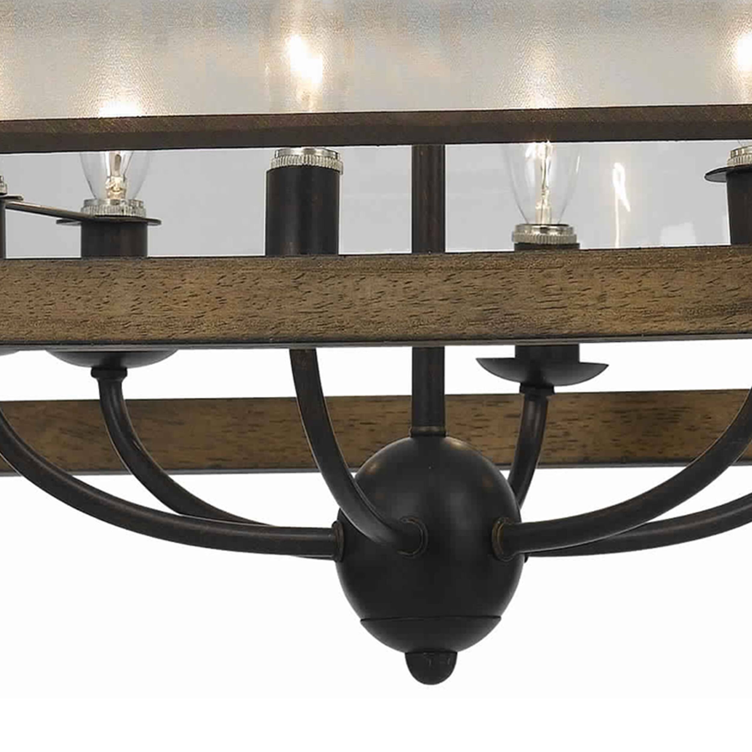 Angle. Manhattan Lane - 6 Bulb Square Chandelier with Wooden Frame and Organza Striped Shade - Brown.