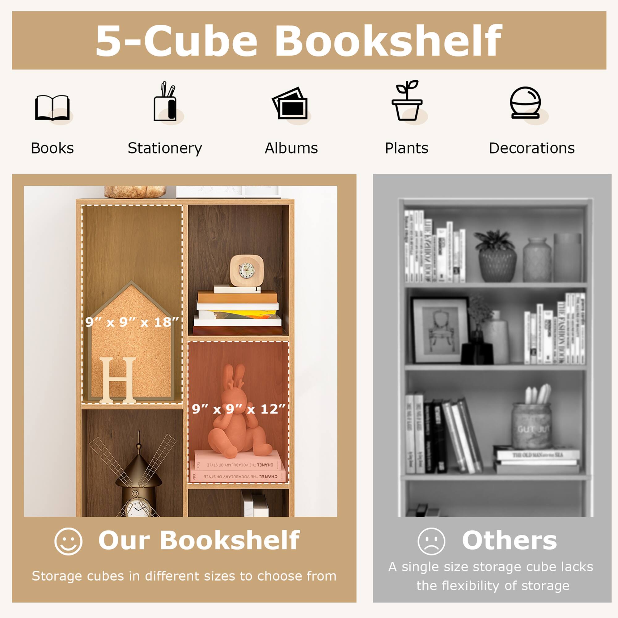 5-Cube Bookshelf
Books
Stationery
Albums
Plants
Decorations
9" x 9" x 18' H
9" x 9" x 12"
Our Bookshelf
Storage cubes in different sizes to choose from
Others
A single size storage cube lacks the flexibility of storage