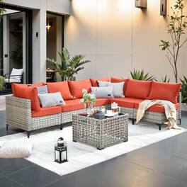 Ovios - 7 PCS Outdoor Patio Furniture Rattan Sectional Sofa with Coffee Table for Backyard - Orange Red