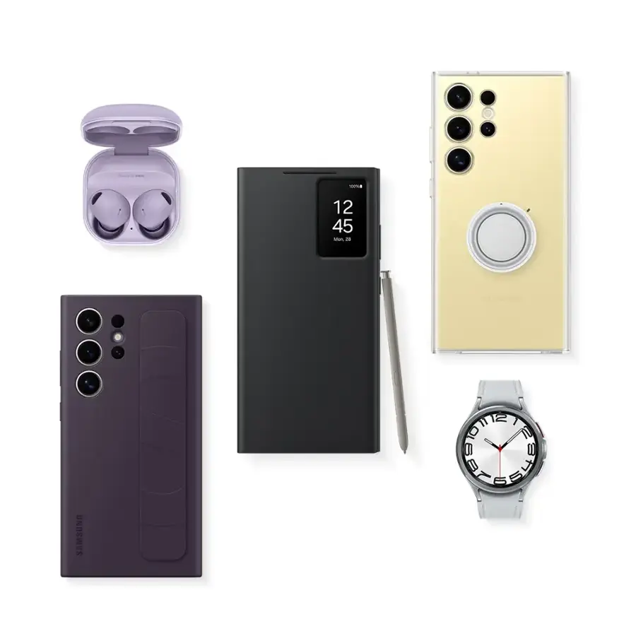 The image features a collection of electronic devices, including a cell phone, a watch, and a pair of earbuds. The cell phone is placed next to the watch, while the earbuds are positioned nearby. The watch has a face that displays the time as 12:45. The devices are all placed on a white background, showcasing their design and functionality.