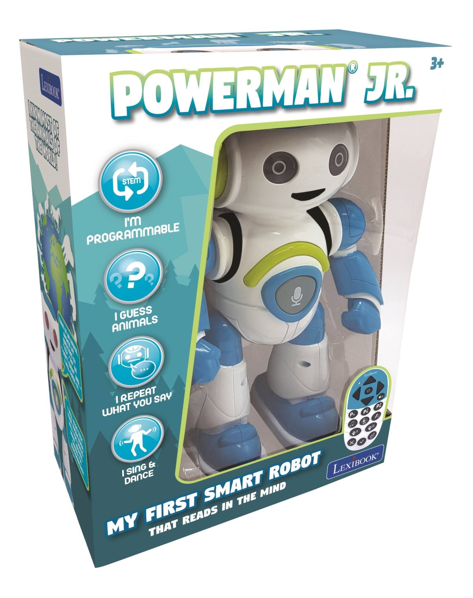 POWERMAN JR.  
3+  
STEM  
I'M PROGRAMMABLE  
I GUESS ANIMALS  
I REPEAT WHAT YOU SAY  
I SING & DANCE  
MY FIRST SMART ROBOT THAT READS IN THE MIND