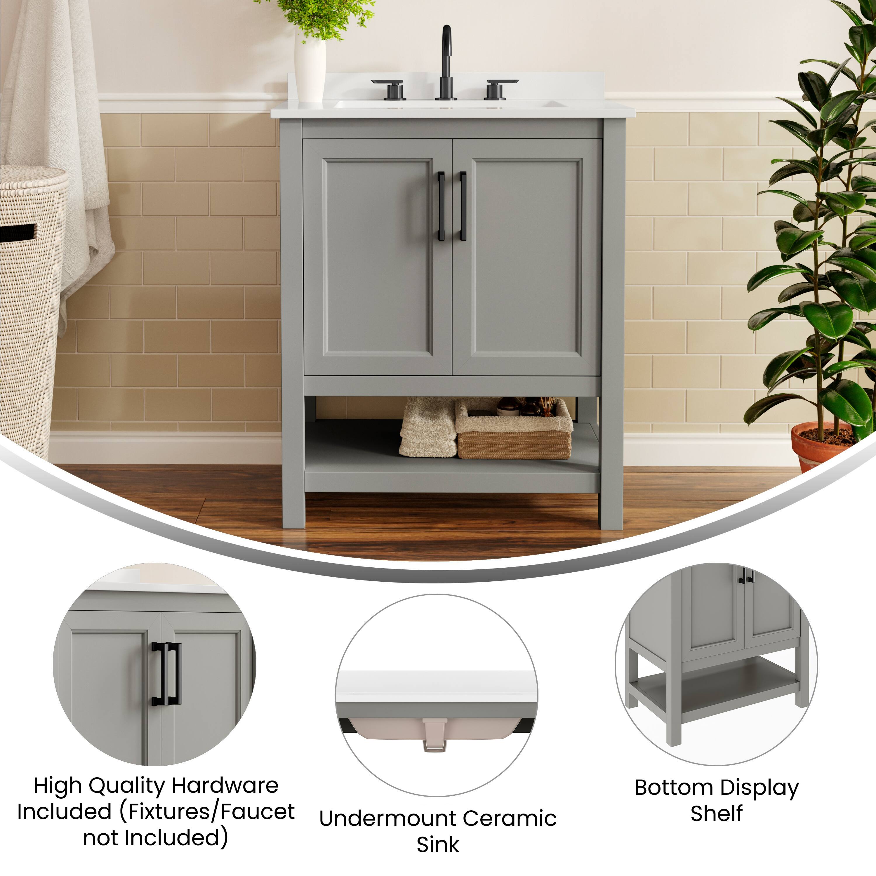 High Quality Hardware Included (Fixtures/Faucet not Included)  
Undermount Ceramic Sink  
Bottom Display Shelf