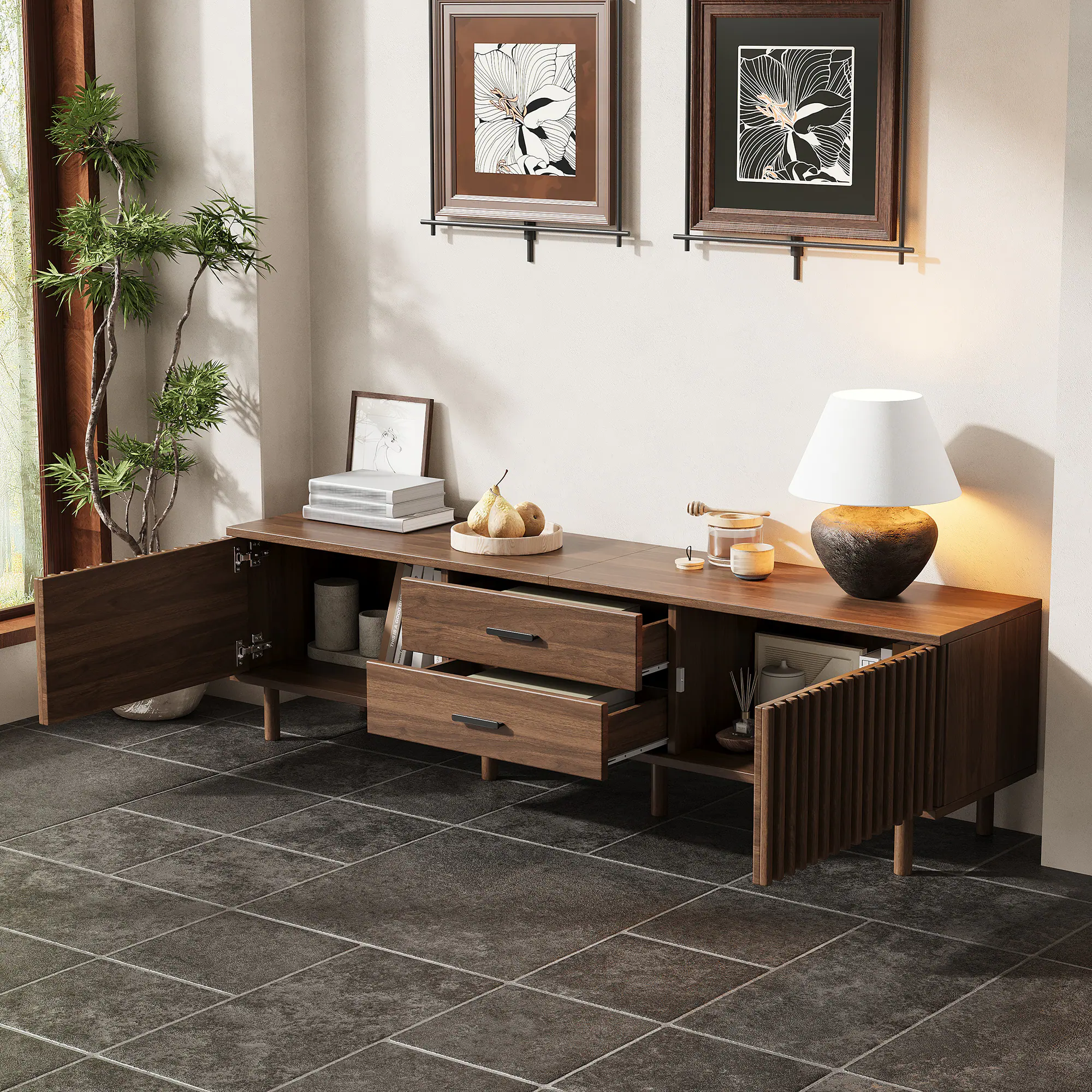 Back. MERAVOM - Modern TV Stand for TVs up to 80", Entertainment Center with Storage Cabinets, 2 Drawers, Media Console for Living Room - Walnut.