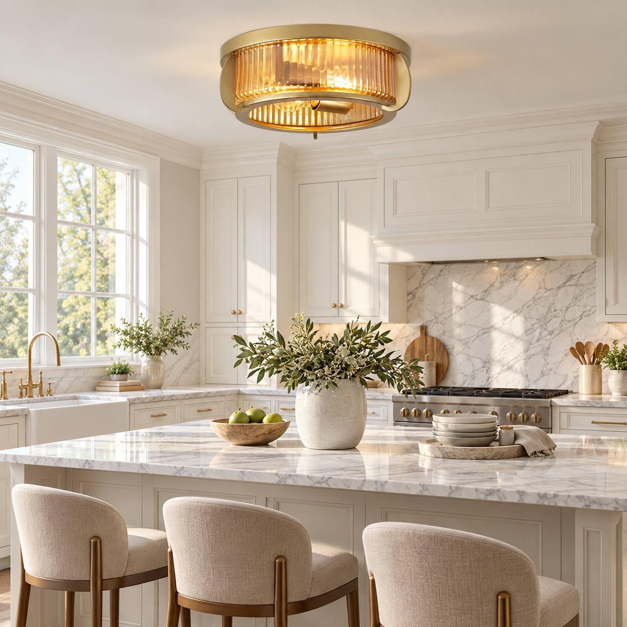 RYHNUYNE Semi Flush Mount Ceiling Light, 11.81 in Round Ribbed Glass ...