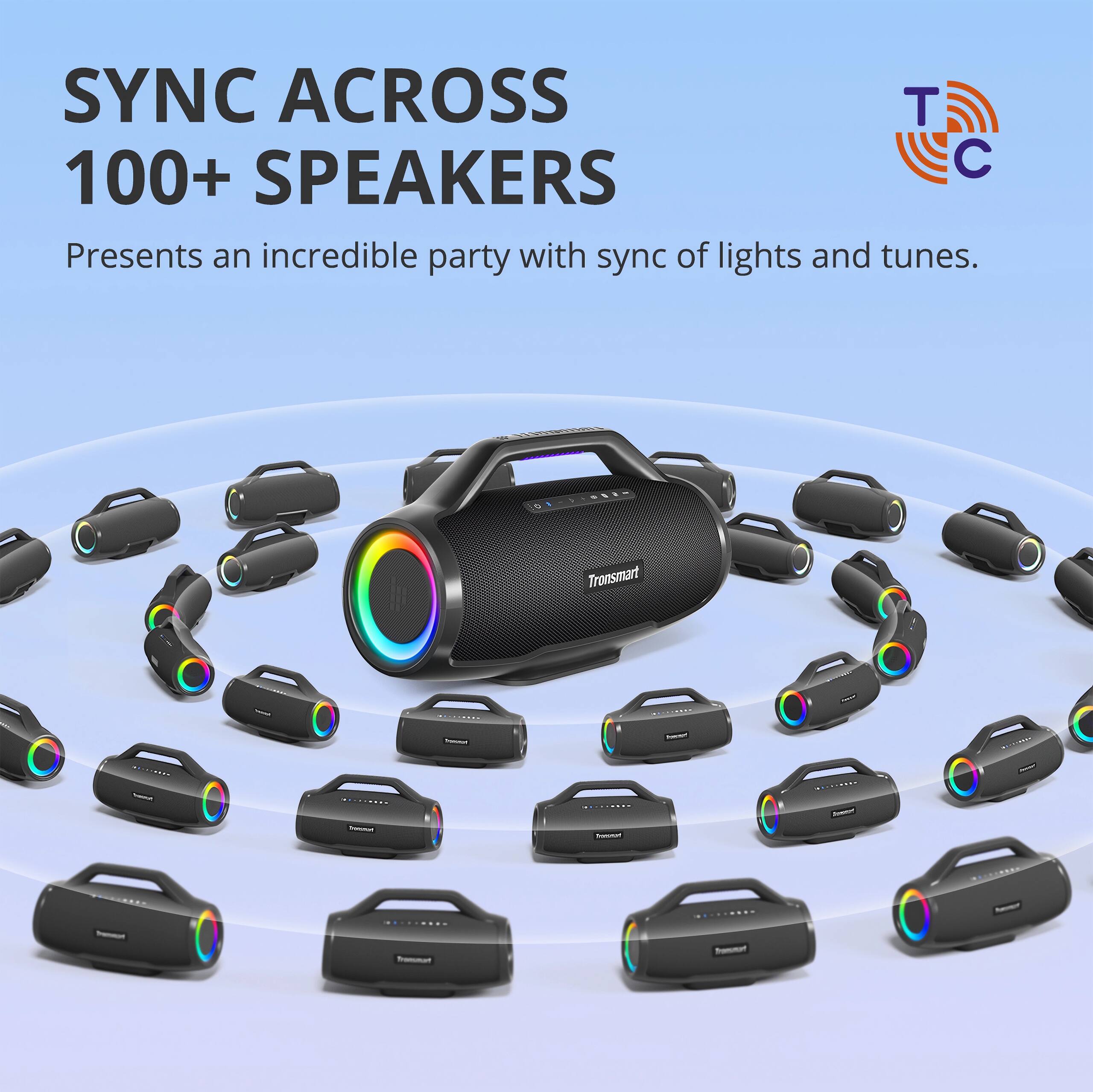 SYNC ACROSS 100+ SPEAKERS Presents an incredible party with sync of lights and tunes. Tronsmart CES 2019 Showcase.