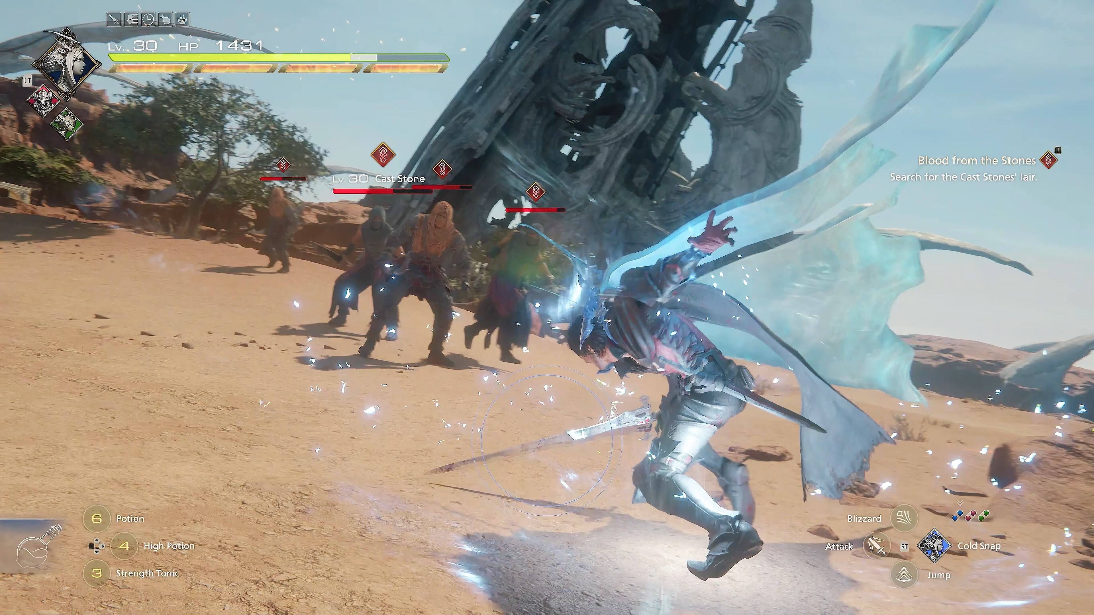 Lv. 30 HP 1431 1 Lv. 30 Cast Stone 8 Blood from the Stones Search for the Cast Stones' lair. 0 Potion Blizzard a 4 High Potion Attack RT Cold Snap 3 Strength Tonic Jump