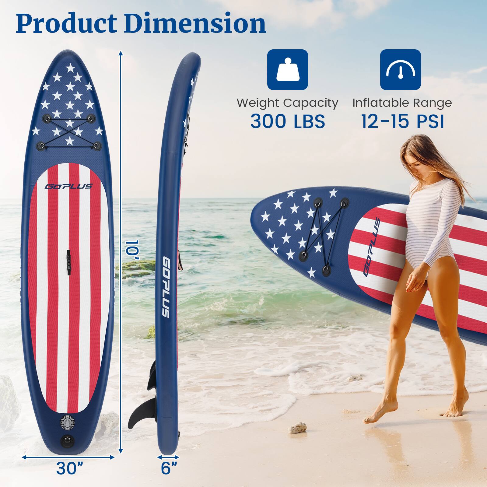 Product Dimension: 10' x 30" x 6"
Weight Capacity: 300 LBS
Inflatable Range: 12-15 PSI
GOPLUS: 10' x 30" x 6"