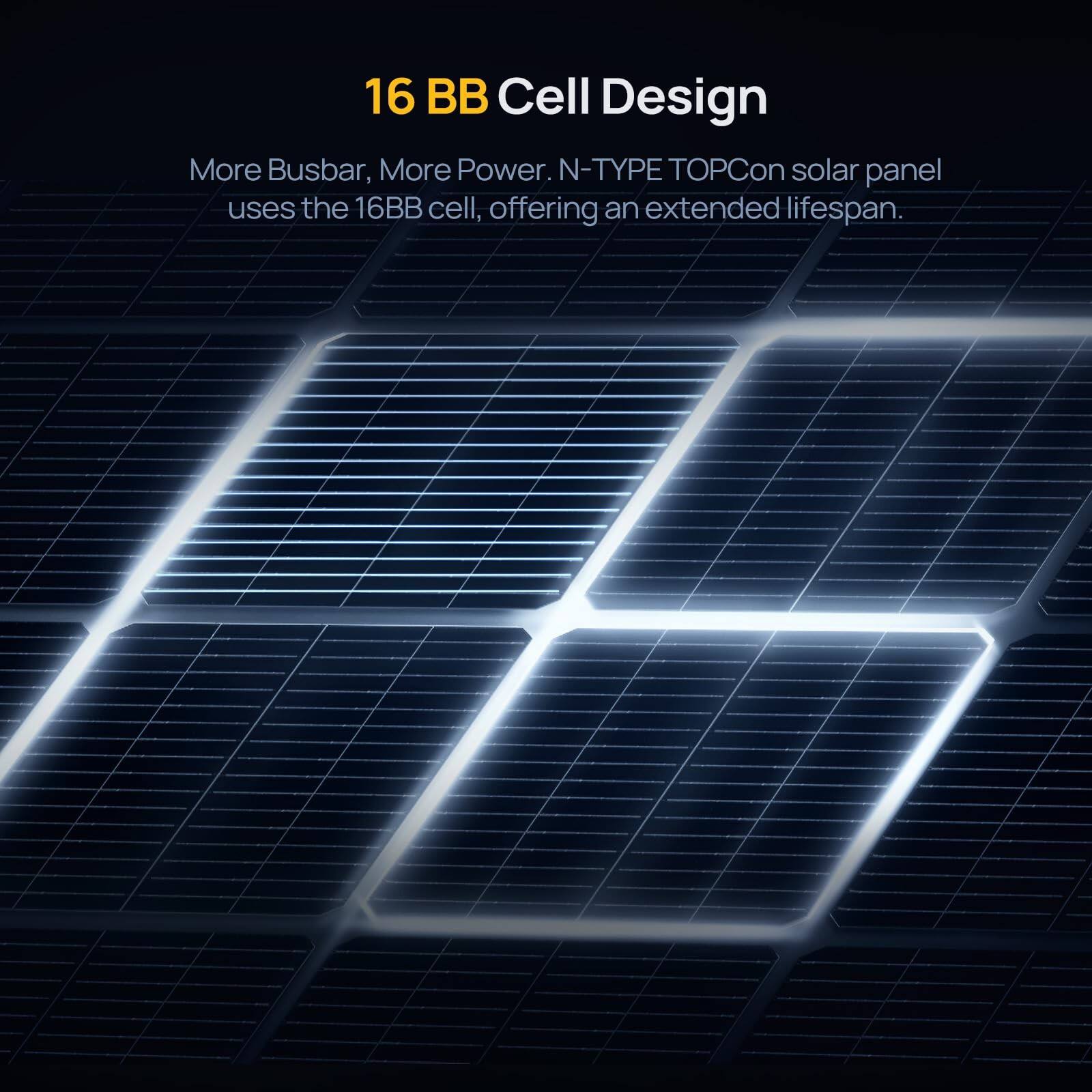 16 BB Cell Design  
More Busbar, More Power.  
N-TYPE TOPCon solar panel uses the 16BB cell, offering an extended lifespan.