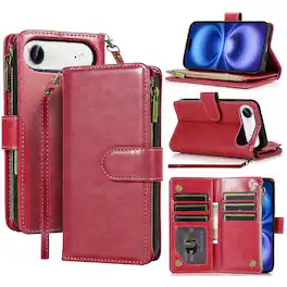 Equipd - Phone Case for iPhone 17 Air 6.5", Luxury Wallet Card ID Zipper Money Holder Cover - Red