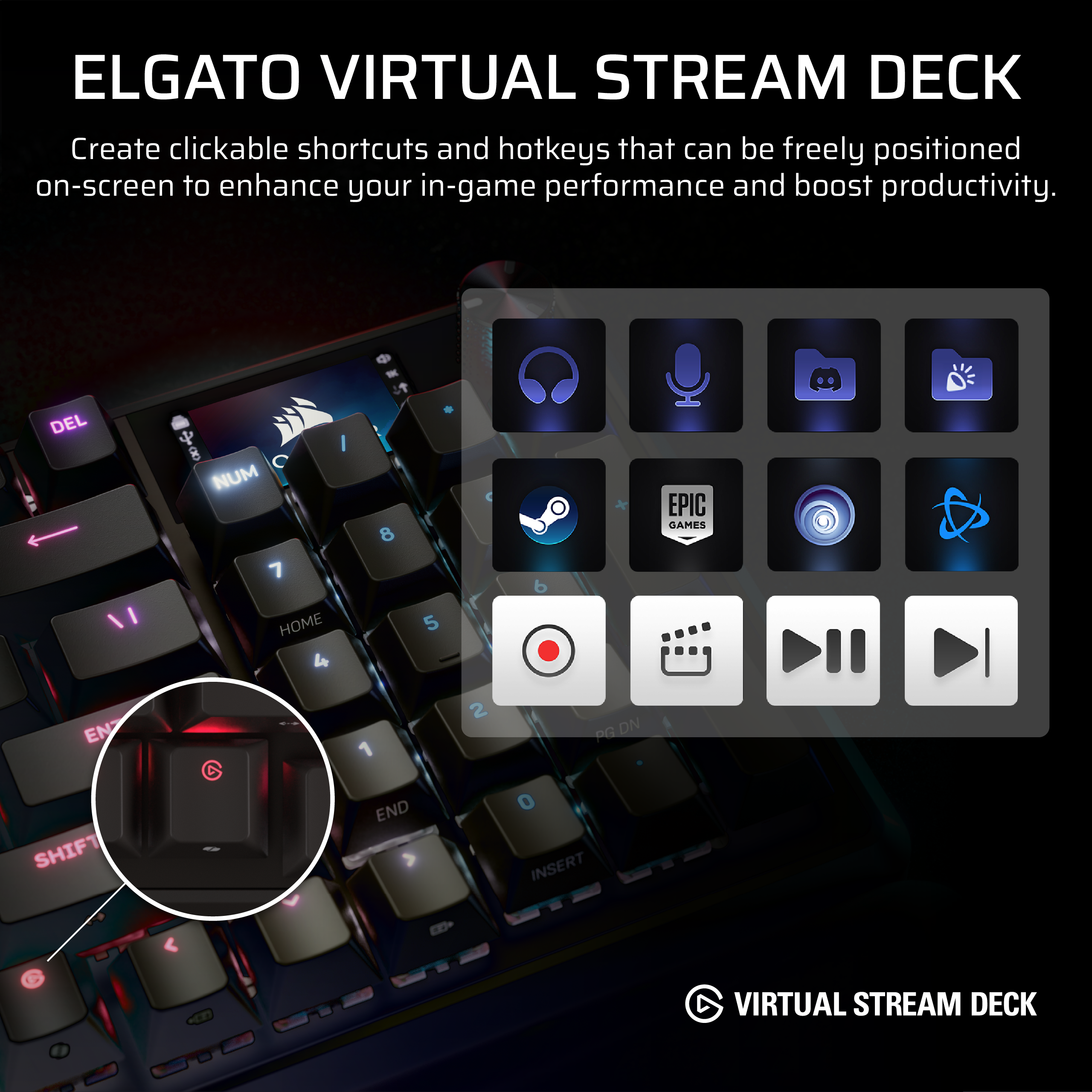 ELGATO VIRTUAL STREAM DECK

Create clickable shortcuts and hotkeys that can be freely positioned on-screen to enhance your in-game performance and boost productivity.

DEL I 8 C NUM 7 HOME 4 8 5 b EPIC GAMES EN 1 2 PG DN SHIFT ! END INSERT . a

VIRTUAL STREAM DECK