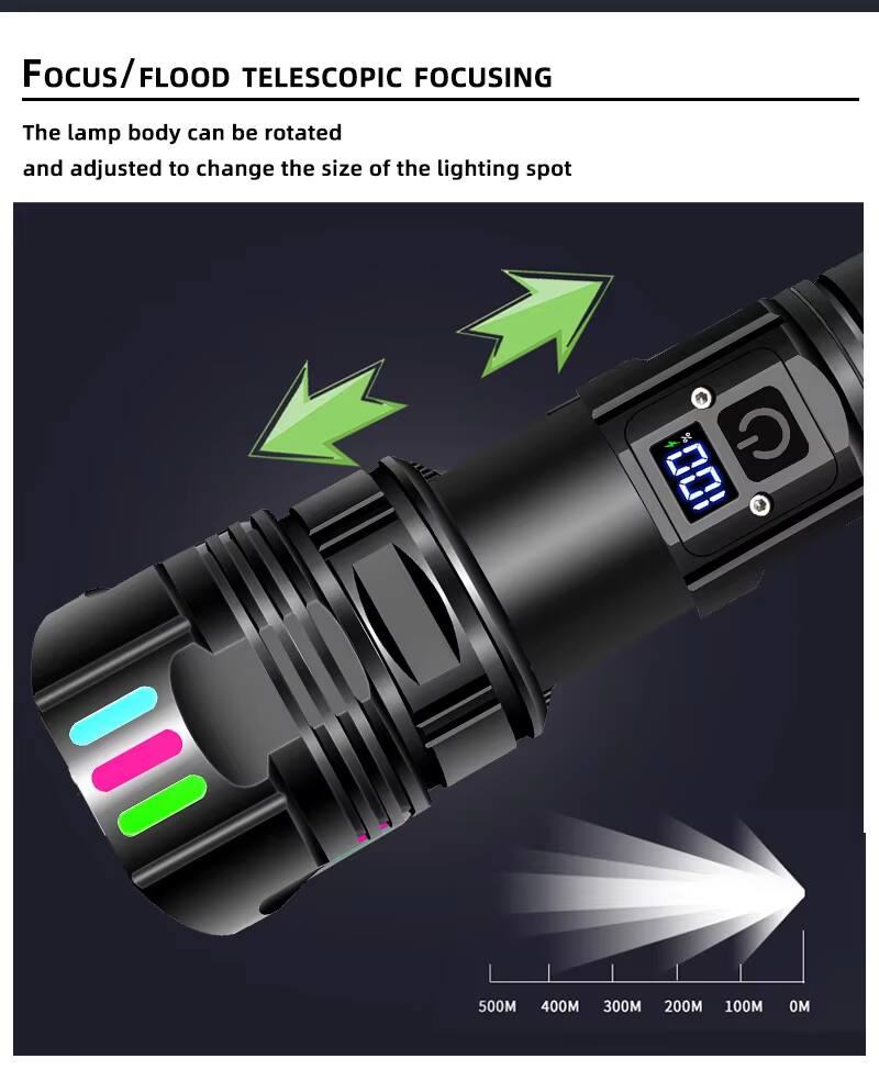Focus/FLOOD TELESCOPIC FOCUSING

The lamp body can be rotated and adjusted to change the size of the lighting spot.

500M 400M 300M 200M 100M 0M