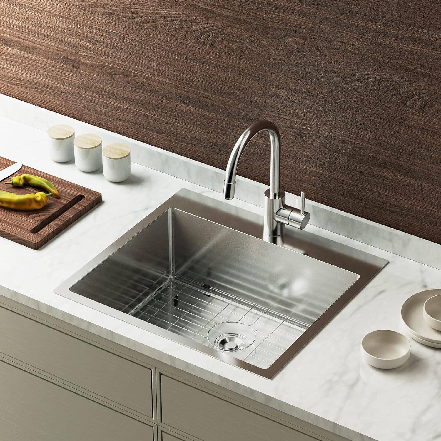 Angle. Winado - 25" x 22" x 9" Topmount Kitchen Stainless Steel Sink Drop-in Farmhouse Kitchen Sink with Single Bowl and Basket Strainer - Silver.