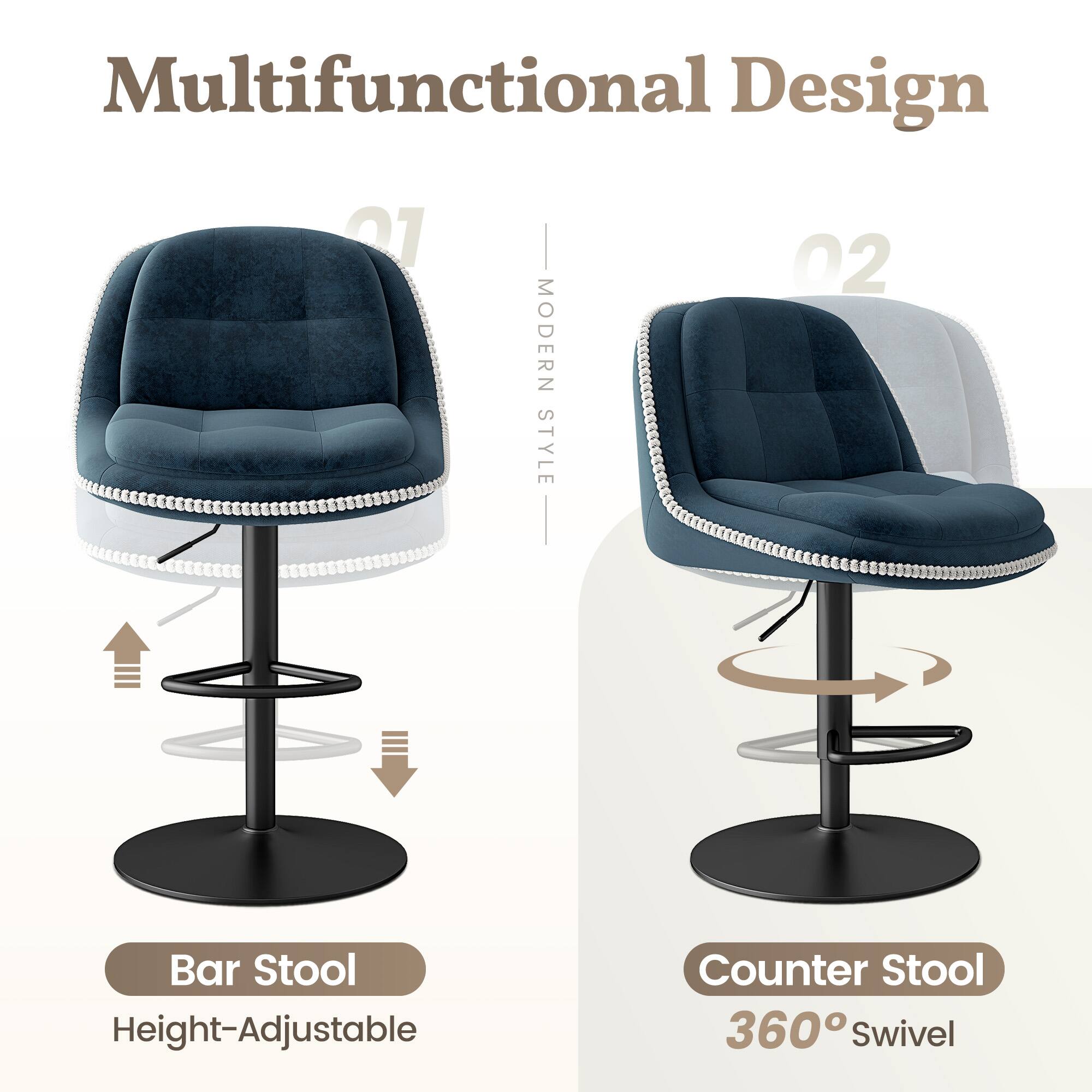 Multifunctional Design

01
Modern Style
Bar Stool
Height-Adjustable

02
Modern Style
Counter Stool
360° Swivel