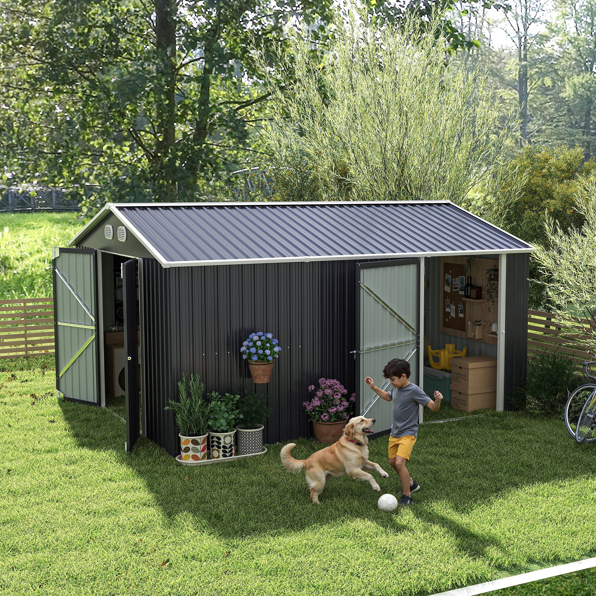 Left. Anysun - 10x12 FT Outdoor Metal Storage Shed – Large Storage Shed with Sturdy Frame, Lockable Door, Garden Tool Shed - Dark Gray.