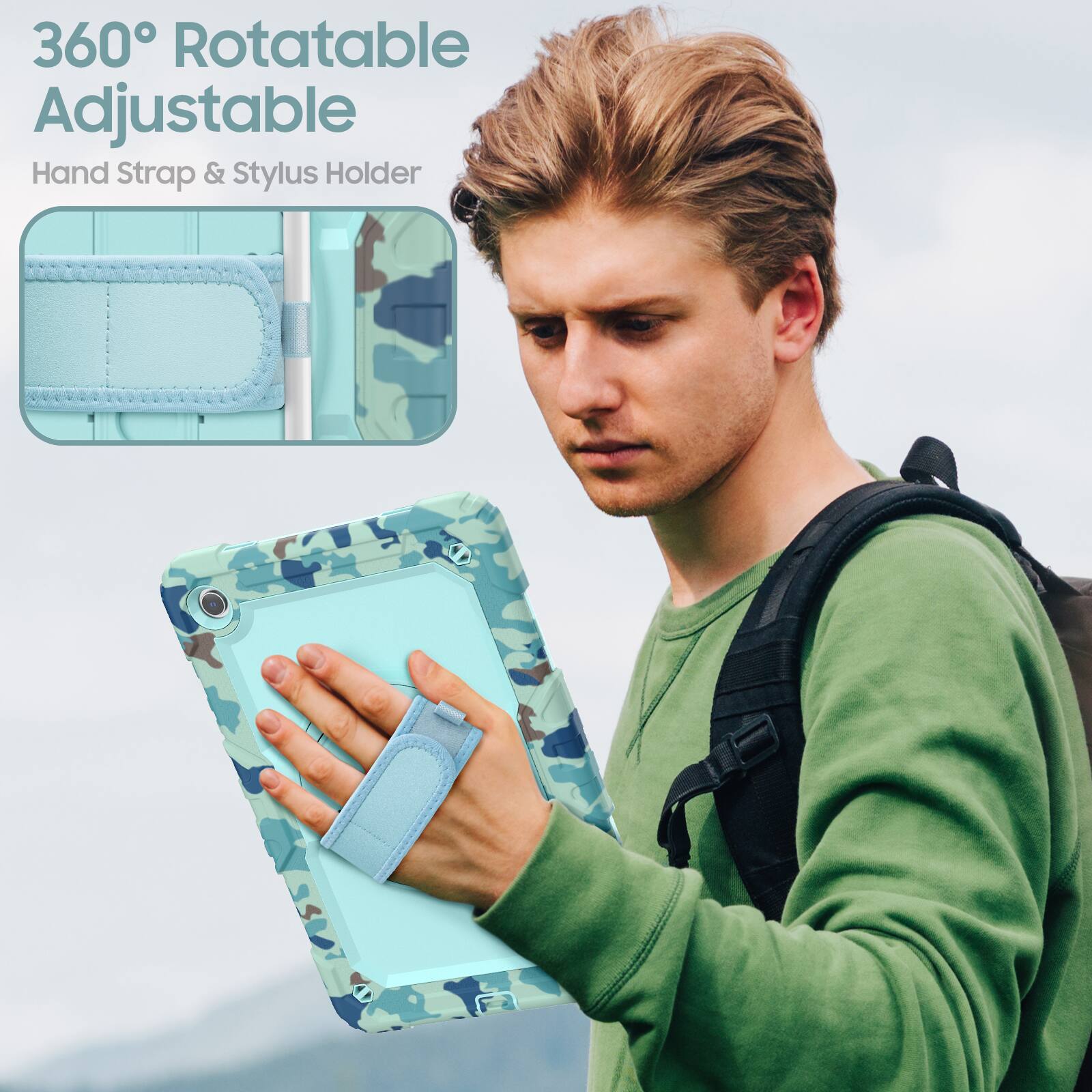 360° Rotatable Adjustable  
Hand Strap & Stylus Holder