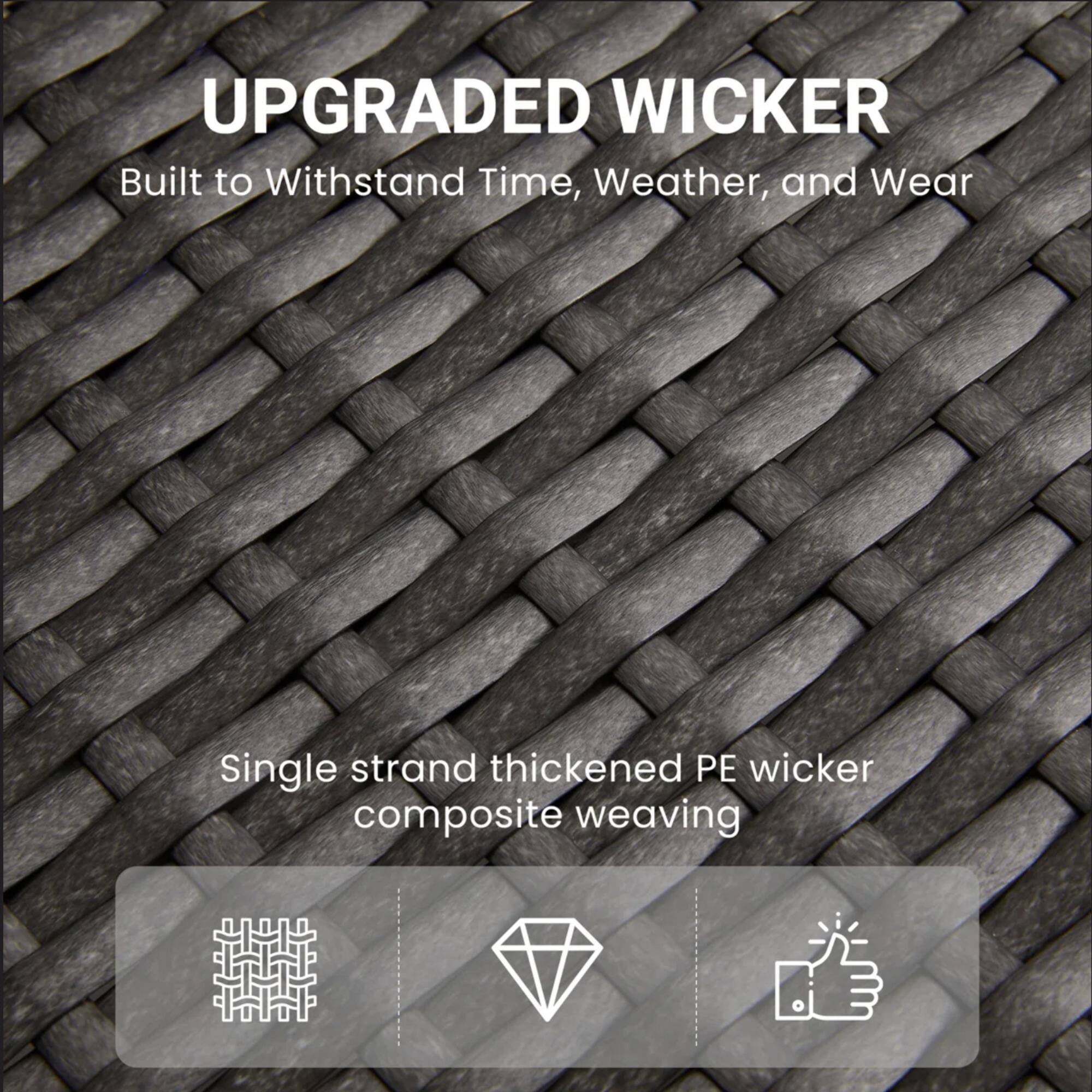 UPGRADED WICKER  
Built to Withstand Time, Weather, and Wear  

Single strand thickened PE wicker composite weaving