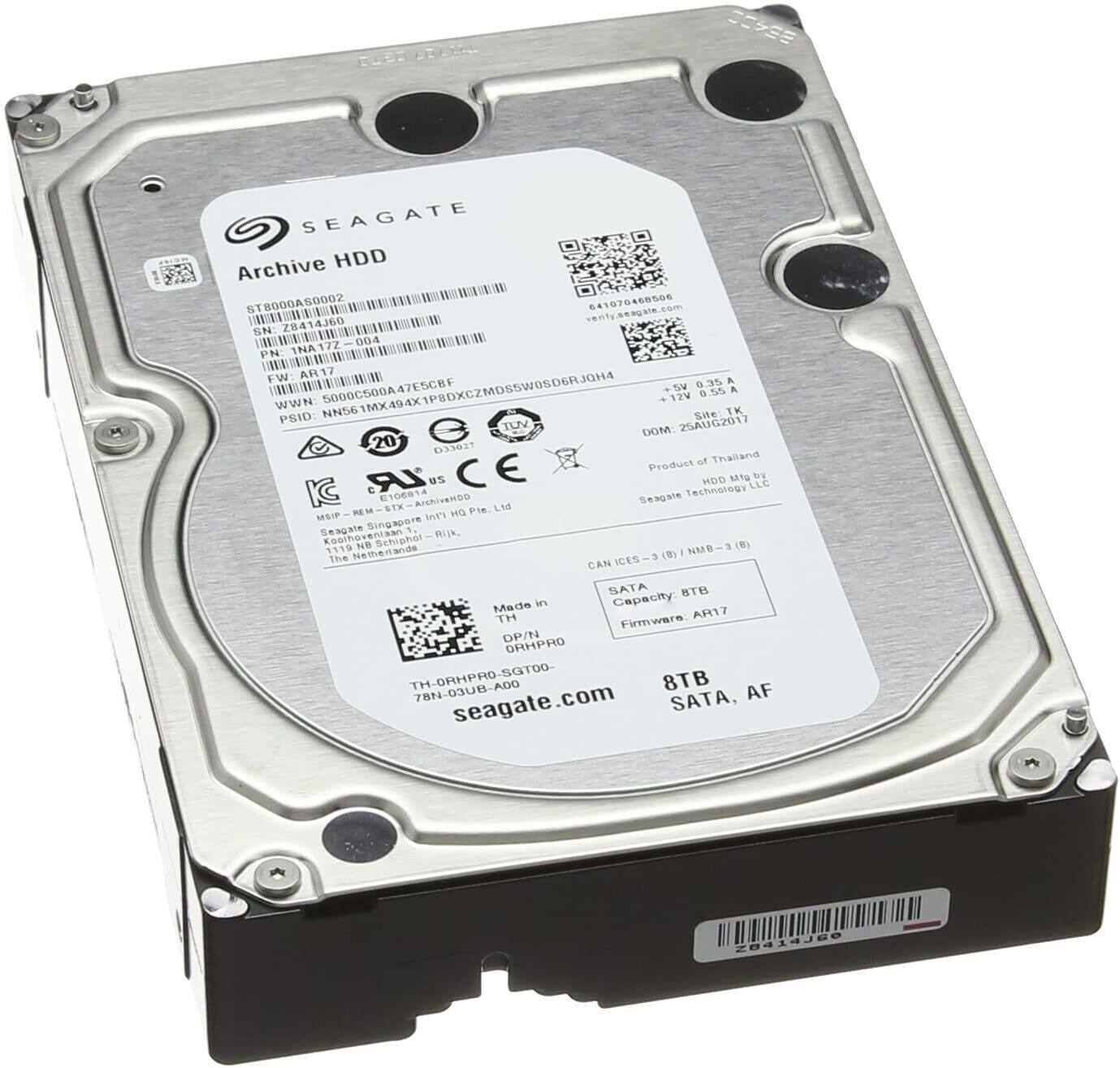 T.PH SEAGATE Archive HDD ST8000AS0002  
641070460506 DINUONNVWON 28414360  
SN: 0G4 PN: INA172  
FW: AR17 0.35  
5000C500A47E5CB1 4 0.55 A  
WWN PSID: N NN561MX494X1P8OXCZMDS5WOSD6RJQH4  
412 Sie TK VUT DOM 25A0G2017 20 DiI of Thailand  
CE Product KC LR US  
Technology HDD M1g LLE By E106OTA  
ArchiveMbo Seagaie MEM STK- HG Pie Li MSIP b Seagale Singapore Koaihovent Rk. 1O NB Schiphol () Nethertanda () - N.  
The VCES 3 CAN SATA B Made in Capacity.  
TH AR17 Firmware: DP/N ORHPRO TH-ORHPRO-SGTD0-78N