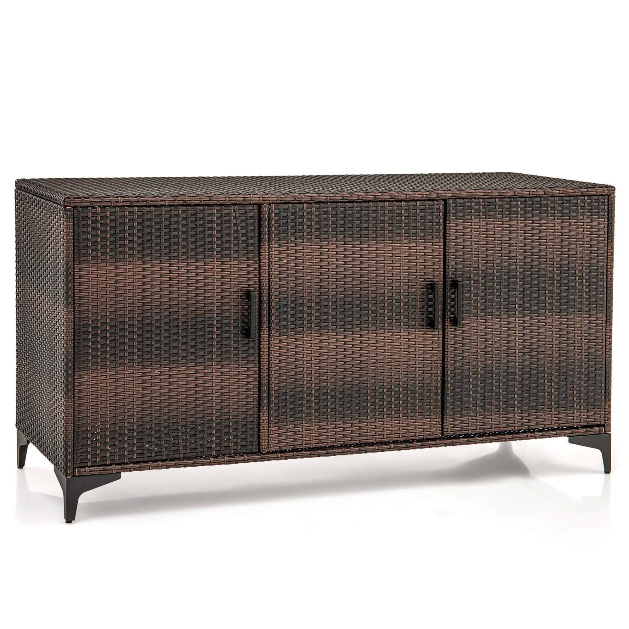 Front. Costway - Costway 84-Gallon Outdoor Storage Box - Wicker Rattan 3-Door Patio Storage Cabinet Container - Brown.