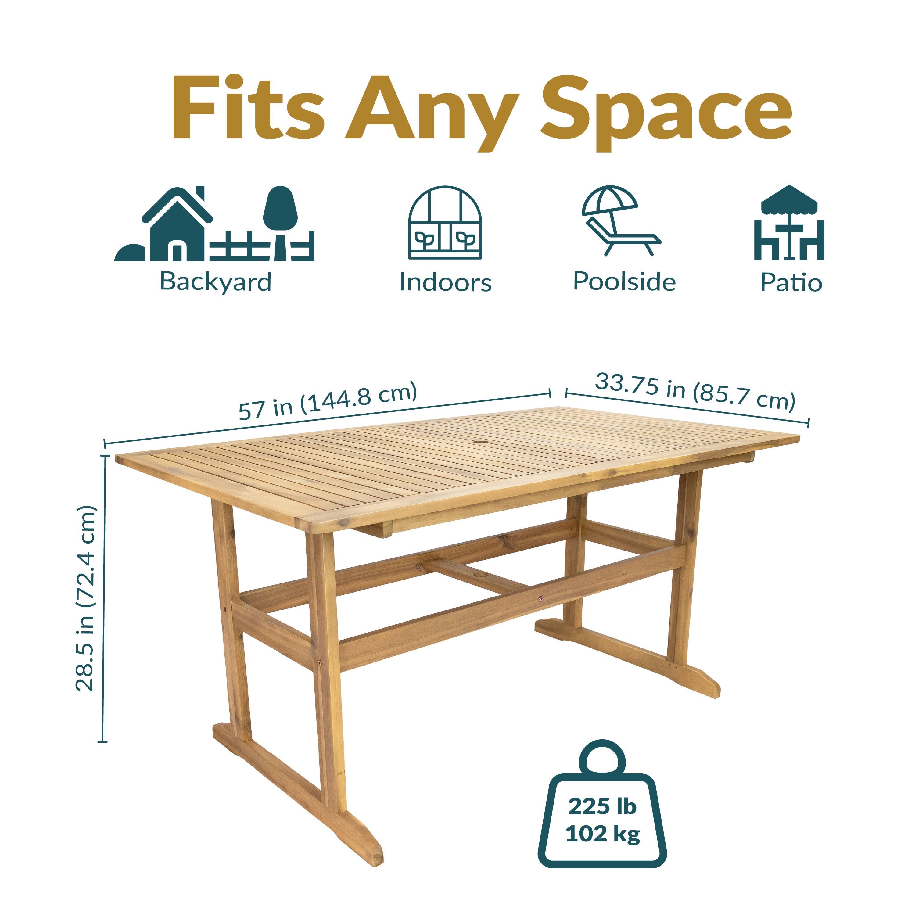 Fits Any Space

Backyard  
Indoors  
Poolside  
Patio

57 in (144.8 cm)  
33.75 in (85.7 cm)  
28.5 in (72.4 cm)

225 lb  
102 kg