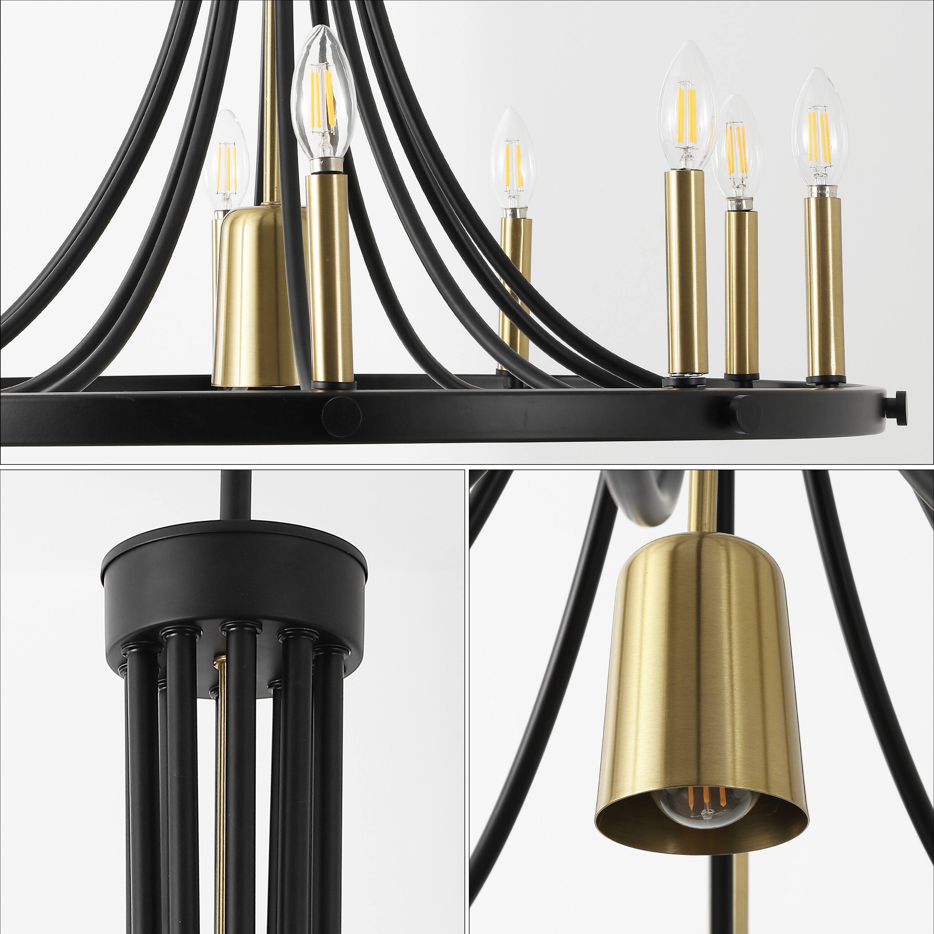 Alt View 5. Jonathan Y - Dante 30" 11-Light Transitional Iron Adjustable Wagon Wheel LED Chandelier with Downlight, Black/Brass Gold - Black/Brass Gold.
