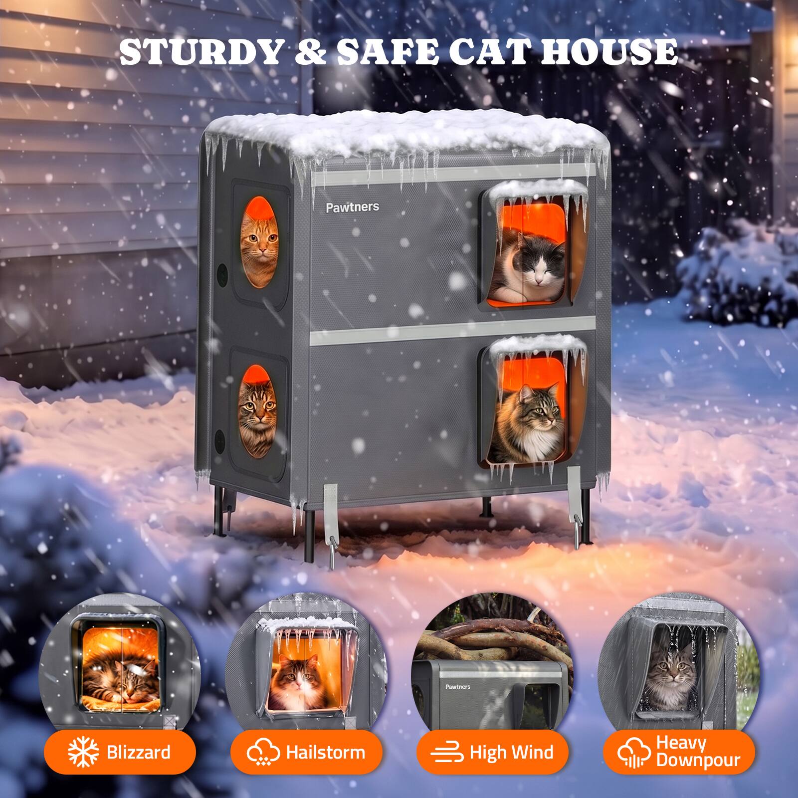STURDY & SAFE CAT HOUSE

Pawtners

Blizzard
Hailstorm
High Wind
Heavy Downpour