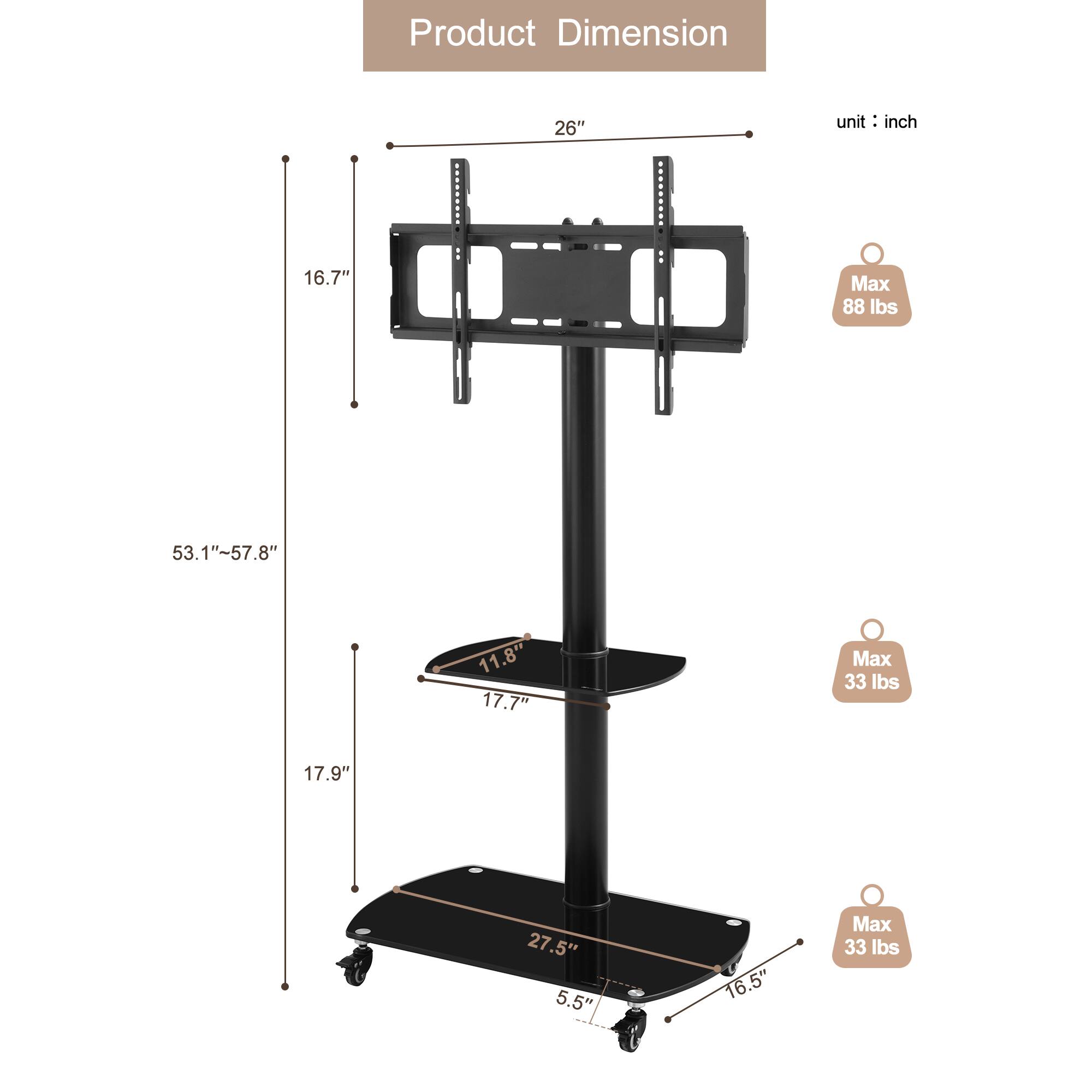 Product Dimension  
unit: inch  

- 26"  
- 16.7"  
- 53.1"-57.8"  
- 17.9"  
- 11.8"  
- 17.7"  
- 27.5"  
- 5.5"  
- 16.5"  

Max 88 lbs  
Max 33 lbs  
Max 33 lbs