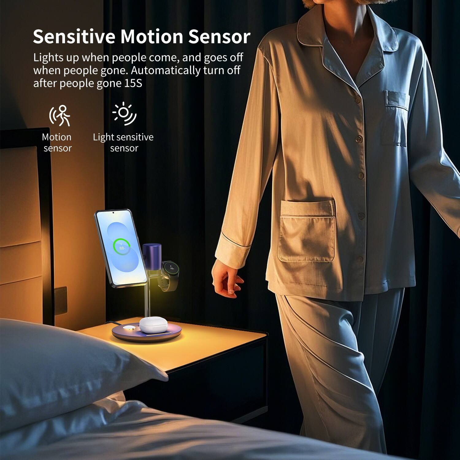 Sensitive Motion Sensor Lights up when people come, and goes off when people gone. Automatically turn off after people gone 15S

Motion sensor
Light sensitive sensor