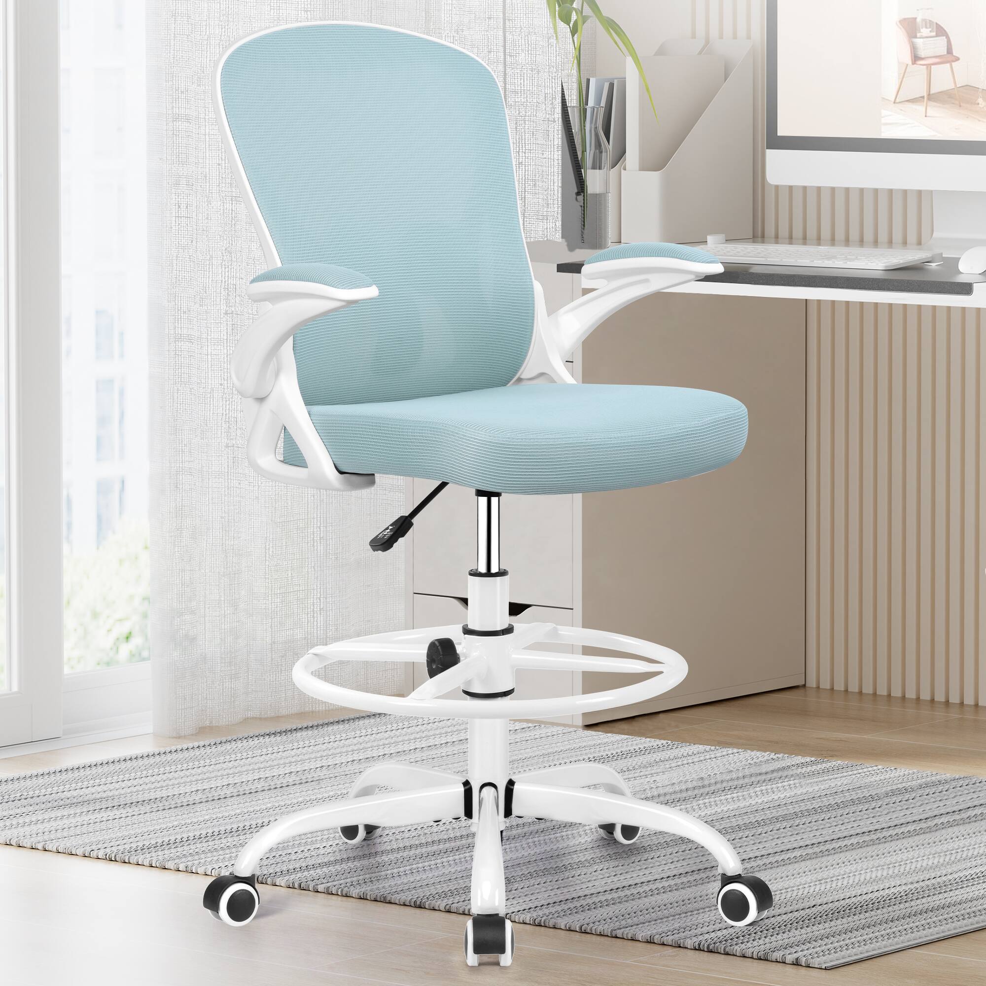Left. Brick Attic - Drafting Chair, Tall Office Chair Ergonomic Desk Chair, Task Rolling Chair with Adjustable Flip-up Armrests Foot Ring - Light Blue.
