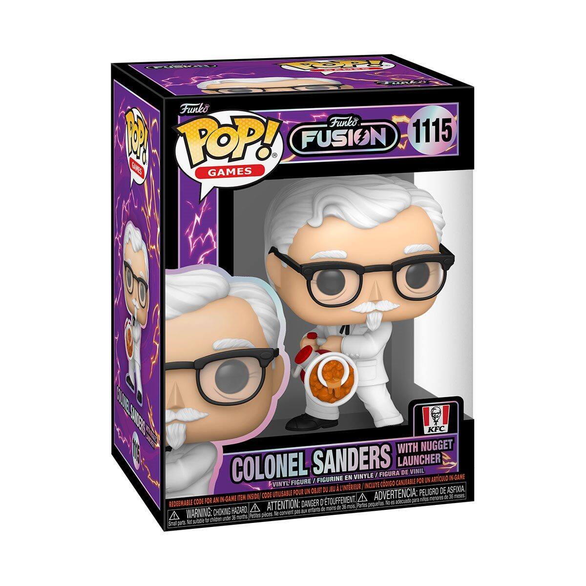 Funko POP! GAMES  
Funko FUSION 1115  
COLONEL SANDERS WITH NUGGET LAUNCHER  

VINYL FIGURE / FIGURINE EN VINYLE / FIGURA DE VINIL / FIGURA DE VINIL  

REDEEMABLE CODE FOR AN IN-GAME ITEM INSIDE / CODE UTILISABLE POUR UN ARTICULO IN-GAME / CODE UTILISABLE POUR UN OBJET D'ETOUFFEMENT / CODE UTILISABLE POUR UN ARTICULO IN-GAME  

WARNING: CHOKING HAZARD - Small parts. Not for children under 3 years. / ADVERTENCIA: PEQUEÑOS PIEZAS. NO ES ADECUADO PARA NIÑOS MENORES DE 3 AÑOS. / ATTENTION: DANGER - Petite pièce. Ne convient pas aux enfants de moins de 3 ans. / AVISO: PELIGRO - Piezas pequeñas. No es adecuado para niños menores de 3 años.