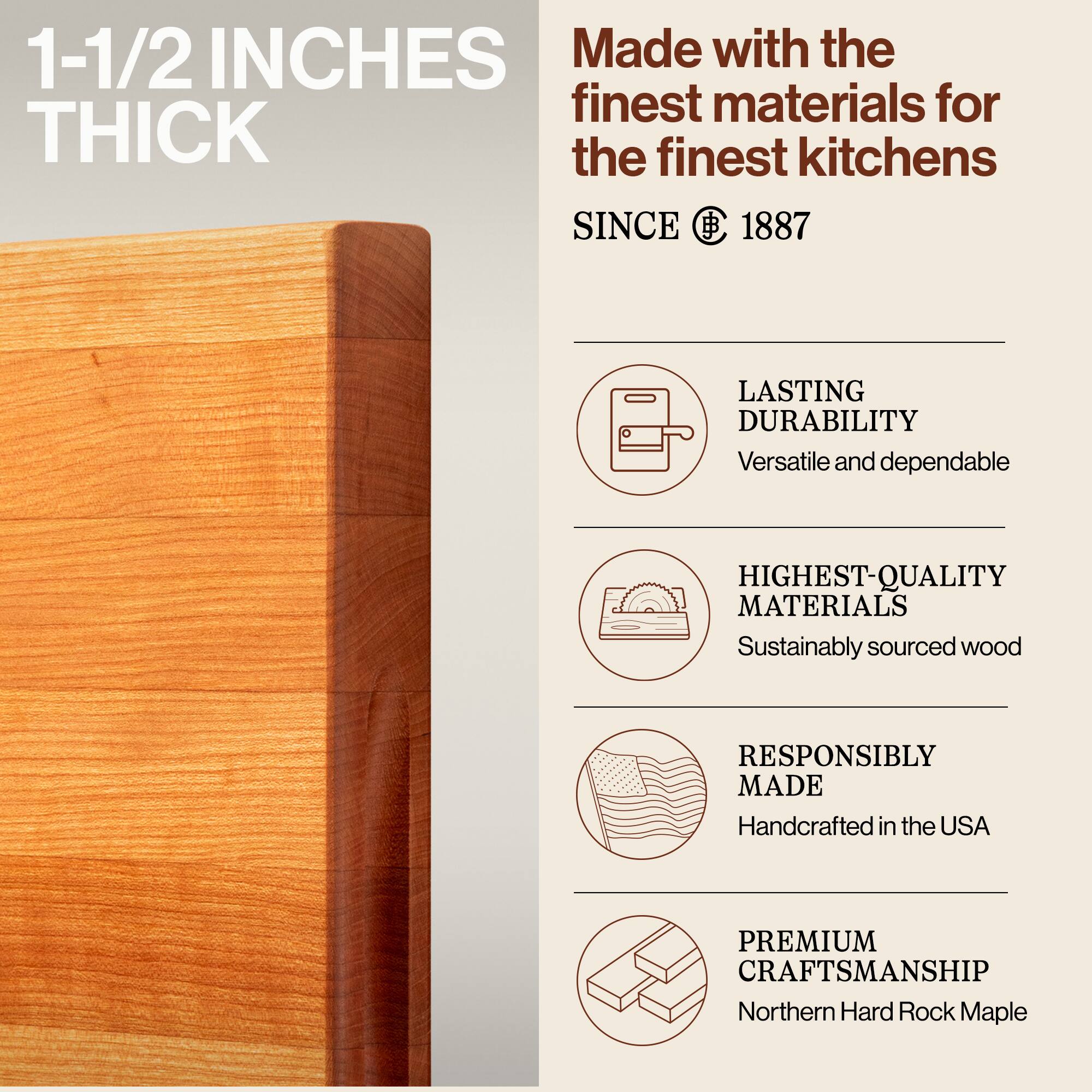 1-1/2 INCHES THICK

Made with the finest materials for the finest kitchens SINCE 1887

- LASTING DURABILITY
  Versatile and dependable

- HIGHEST-QUALITY MATERIALS
  Sustainably sourced wood

- RESPONSIBLY MADE
  Handcrafted in the USA

- PREMIUM CRAFTSMANSHIP
  Northern Hard Rock Maple