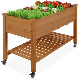 Best Choice Products - Raised Garden Bed 48x24x32in Mobile Elevated Planter w/ Wheel Locks, Shelf, Liner - Acorn Brown