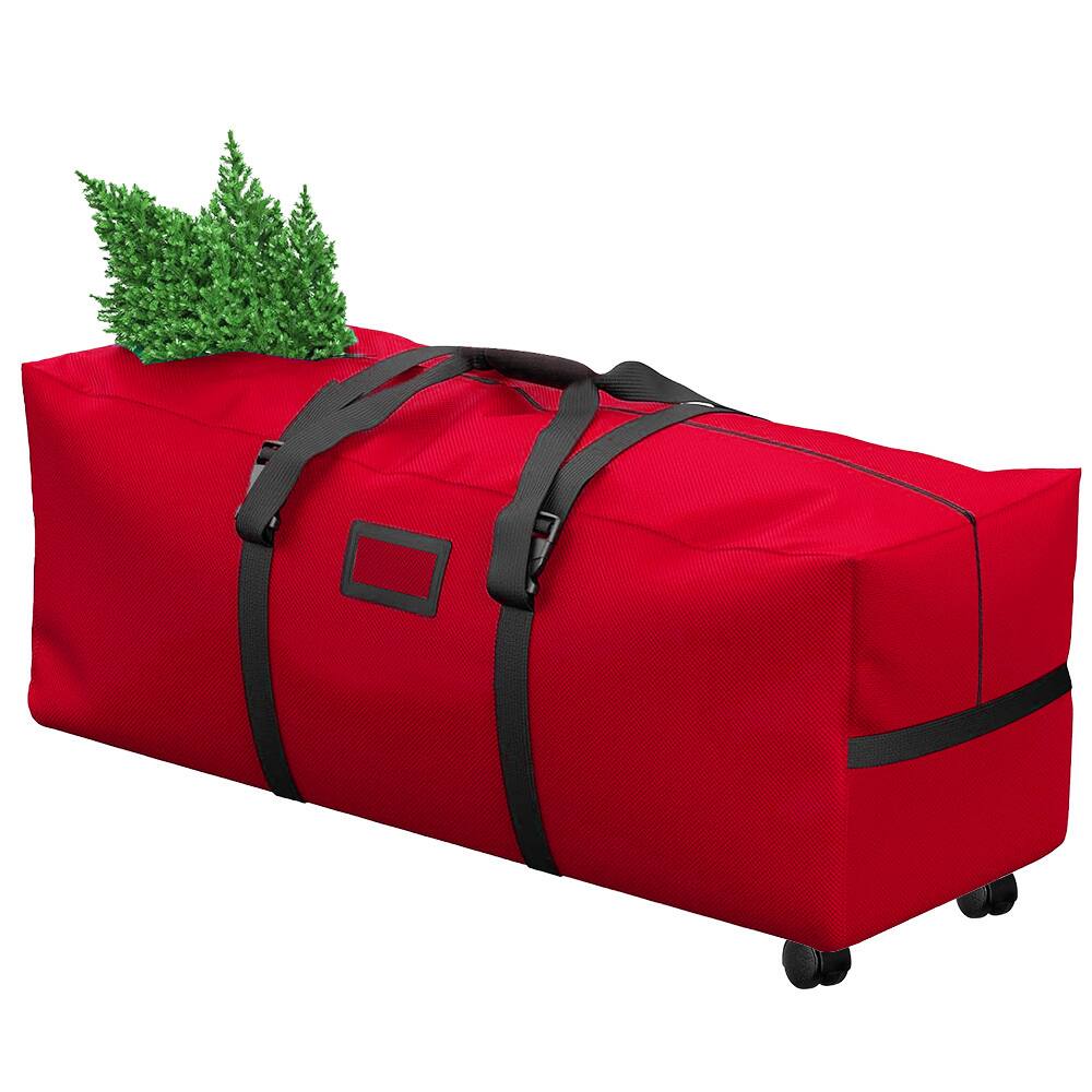 Front. MOVSSOU - 7.5 Ft Christmas Tree Storage Bag Rolling 2 Swivel Wheels Xmas Tree Bag Holiday Tree Storage Case - red.