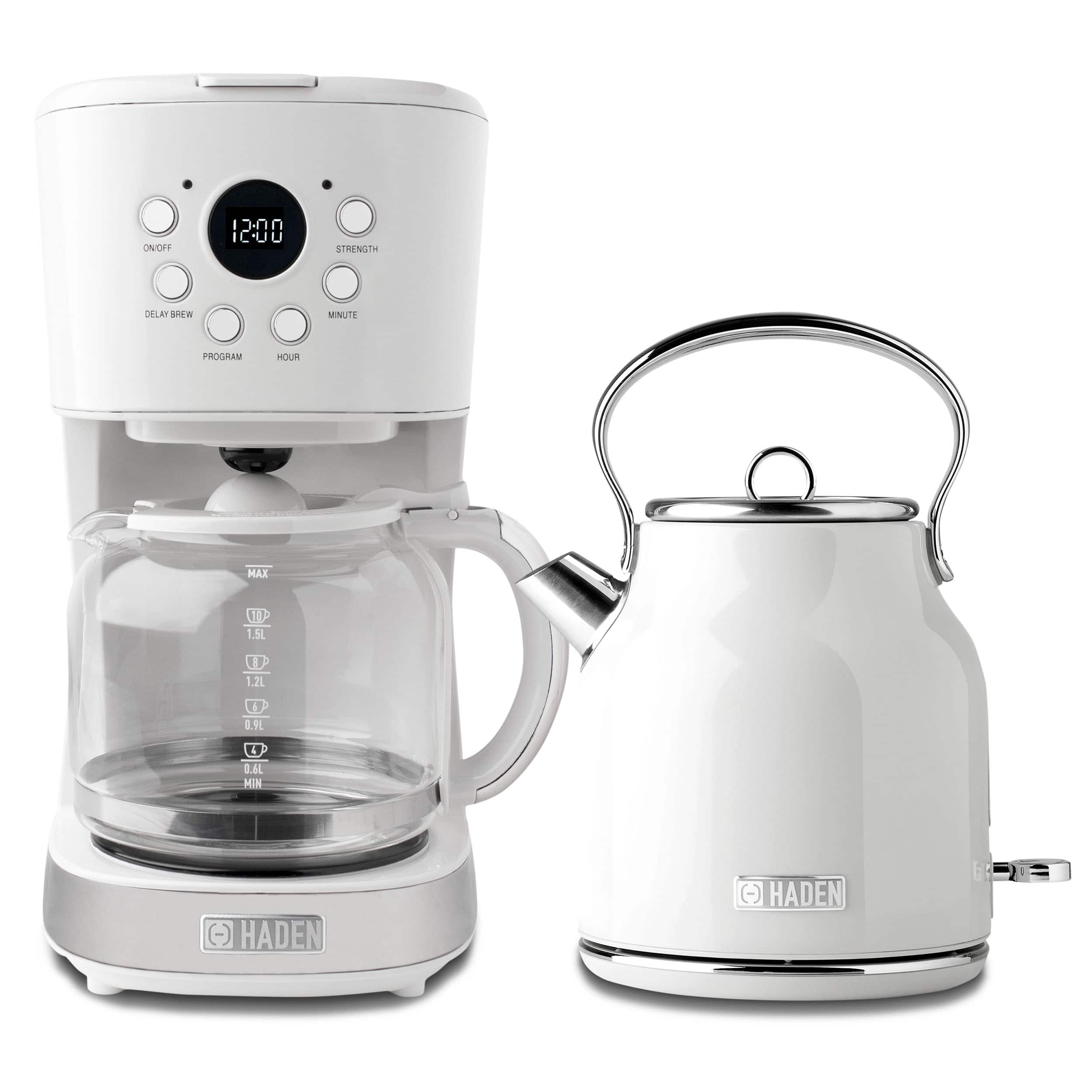 Haden - 12 Cup Coffee Maker & Heritage 1.7 Liter Electric Kettle, Chrome - Ivory