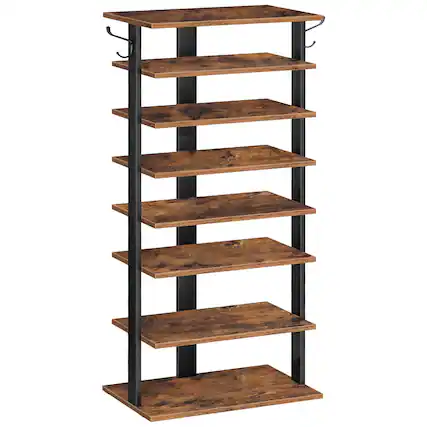 Front. ThinkLink Electronic - 8 Tiers Vertical Shoe Rack Wooden Storage Organizer With Hooks Narrow Tower For 8 Pairs Space Saving Entryway - Rustic Brown 8 Tier (19.7"W).