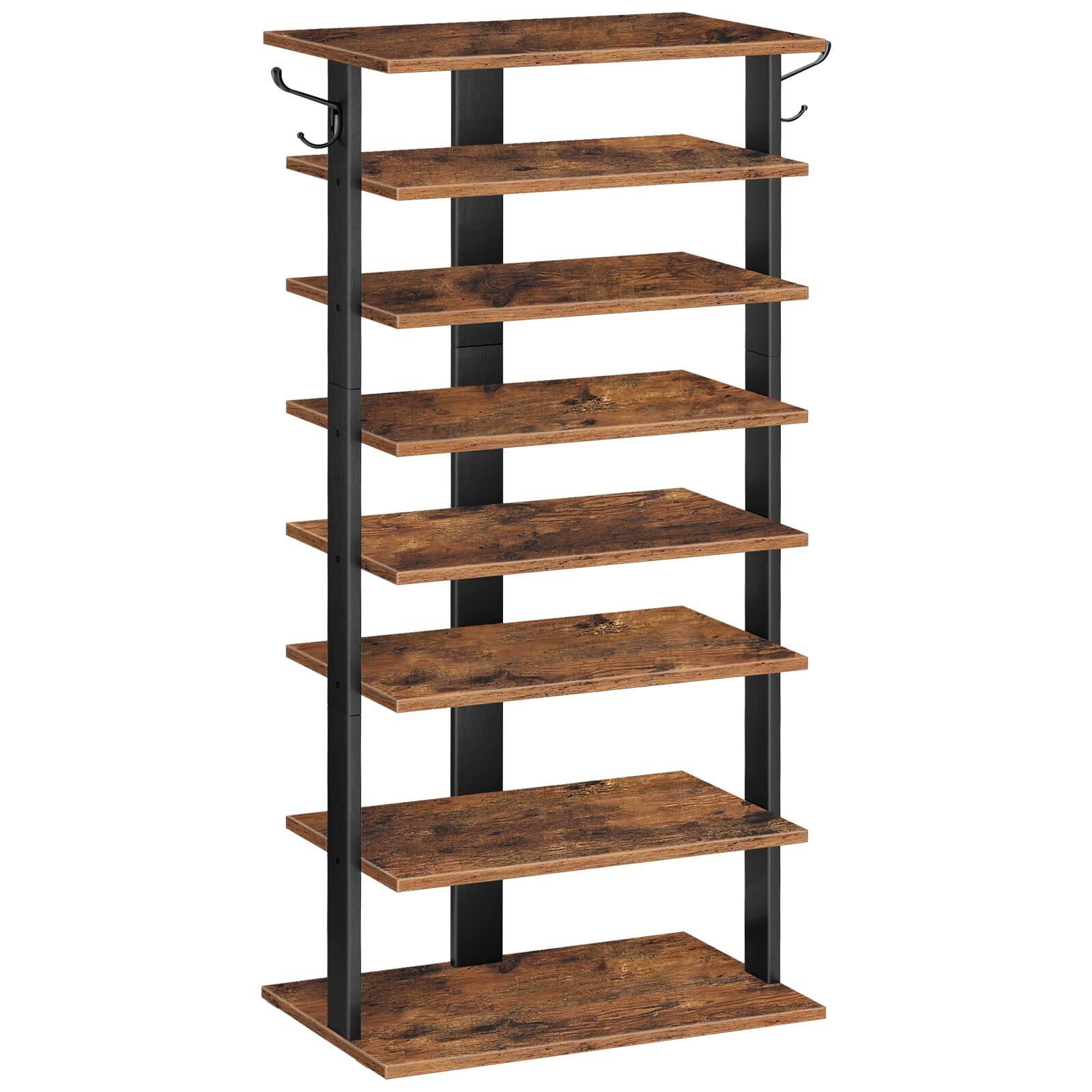 Front. ThinkLink Electronic - 8 Tiers Vertical Shoe Rack Wooden Storage Organizer With Hooks Narrow Tower For 8 Pairs Space Saving Entryway - Rustic Brown 8 Tier (19.7"W).