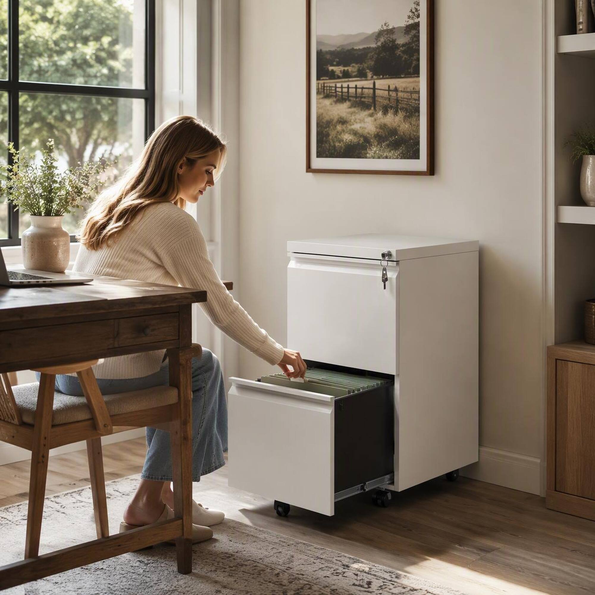 Back. RYHNUYNE - 2 Drawer Metal  Mobile File Cabinet Rolling File Cabinet with Lock for   Home Office.