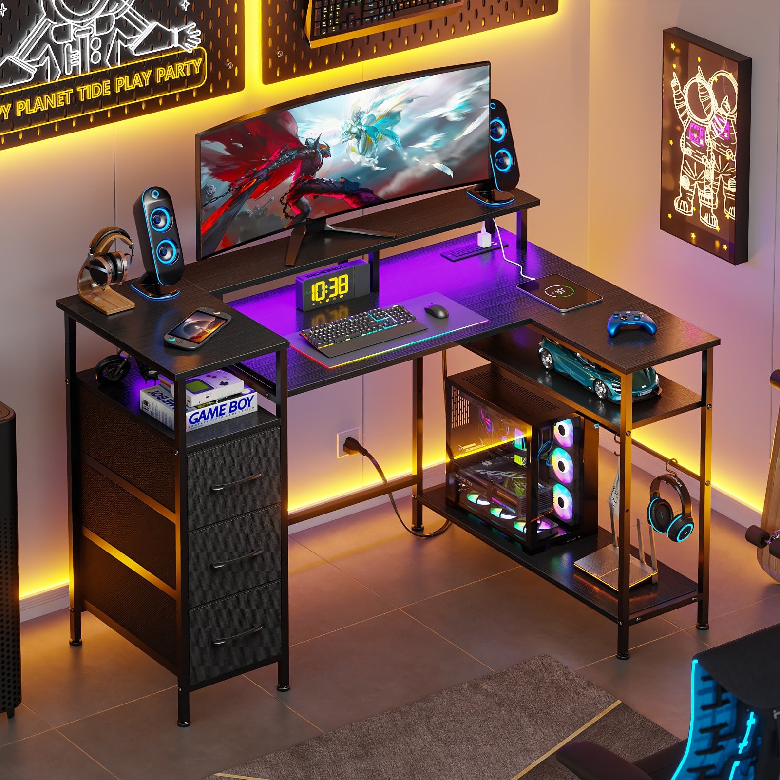 Furologee - L-Shaped Computer Desk With Led Lights And Power Outlets Gaming Desk With Monitor Stand Home Office Writing Desk With S - Black