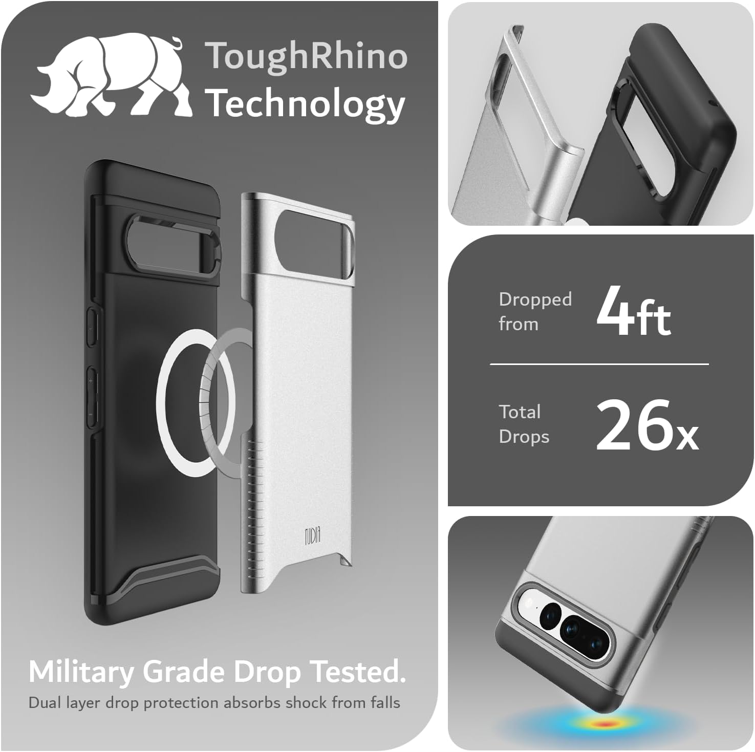 ToughRhino Technology

Military Grade Drop Tested.
Dual layer drop protection absorbs shock from falls.

Dropped from 4ft
Total Drops 26x