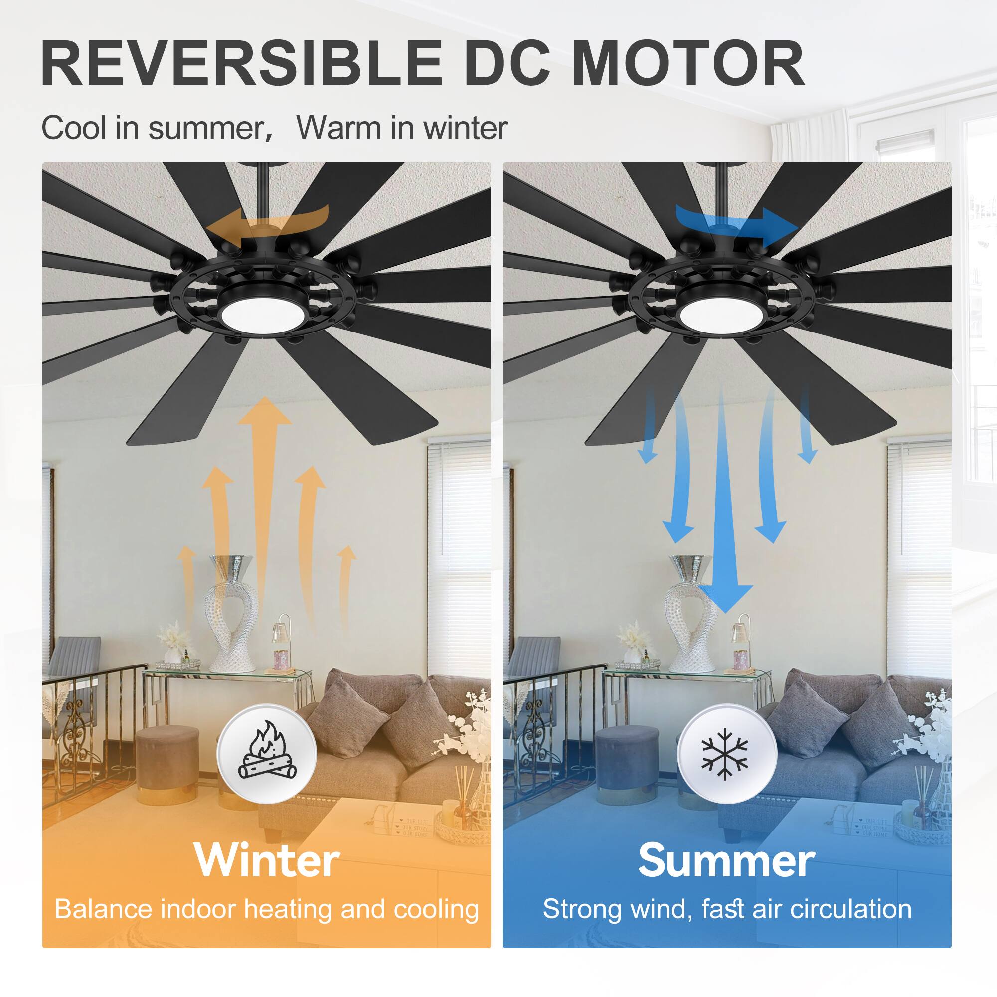 REVERSIBLE DC MOTOR  
Cool in summer, Warm in winter  

Winter  
Balance indoor heating and cooling  

Summer  
Strong wind, fast air circulation