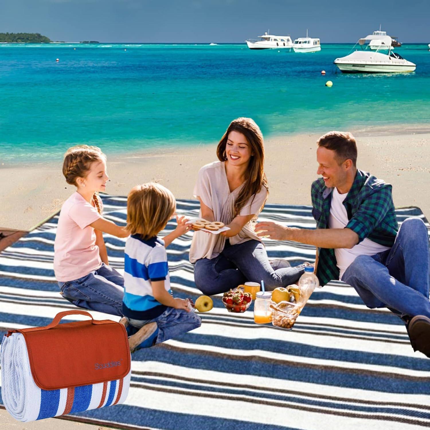 Angle. Pyle - Scuddles Extra Large Picnic Blanket – 80" x 80" Waterproof Outdoor Mat with Soft Dual-Layer Comfort, Foldable Sand-Free - Navy.