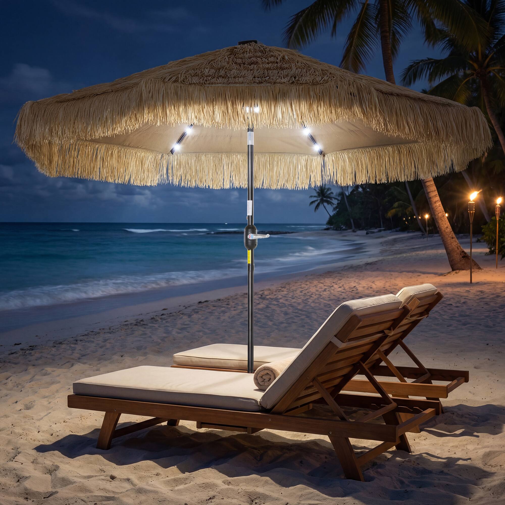 Alt View 1. Outsunny - ft Hula Thatched Tiki Patio Umbrella with LED Solar Light, Outdoor Umbrella with Crank, Tilt - Khaki.