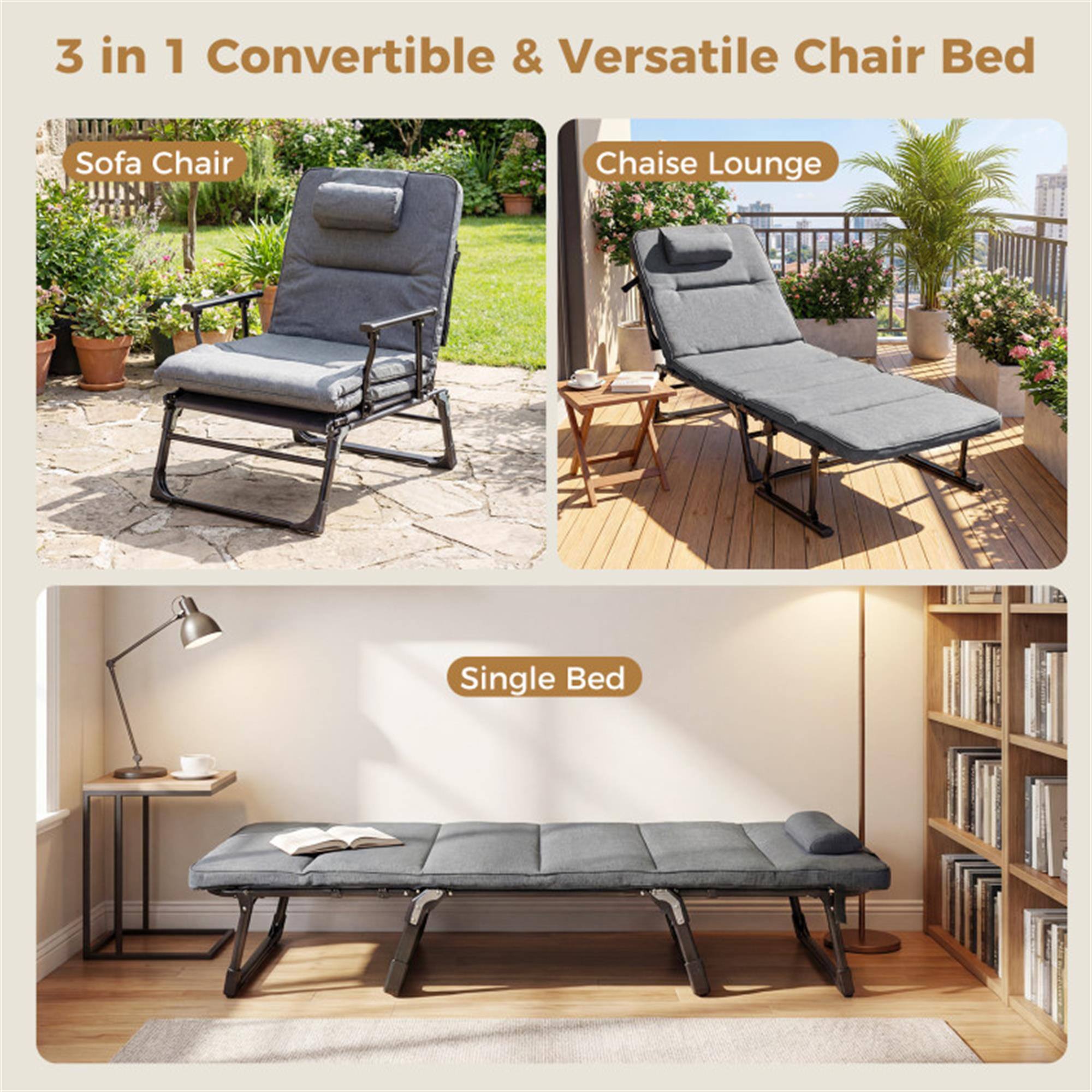 3 in 1 Convertible & Versatile Chair Bed

- Sofa Chair
- Chaise Lounge
- Single Bed